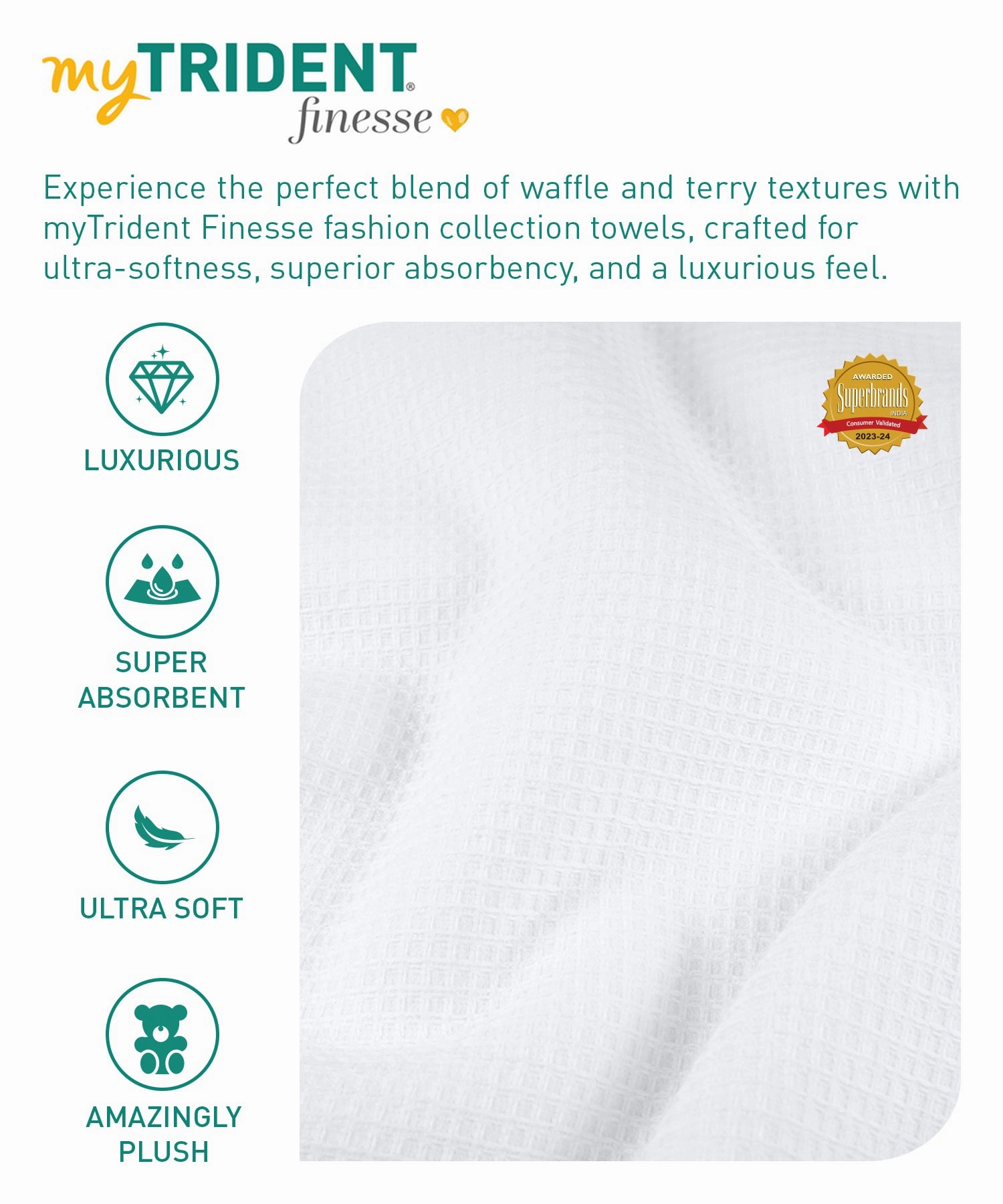 Finesse Fashion Waffle Towel , 600 Gsm, Cotton Rich, Bath Towel, White