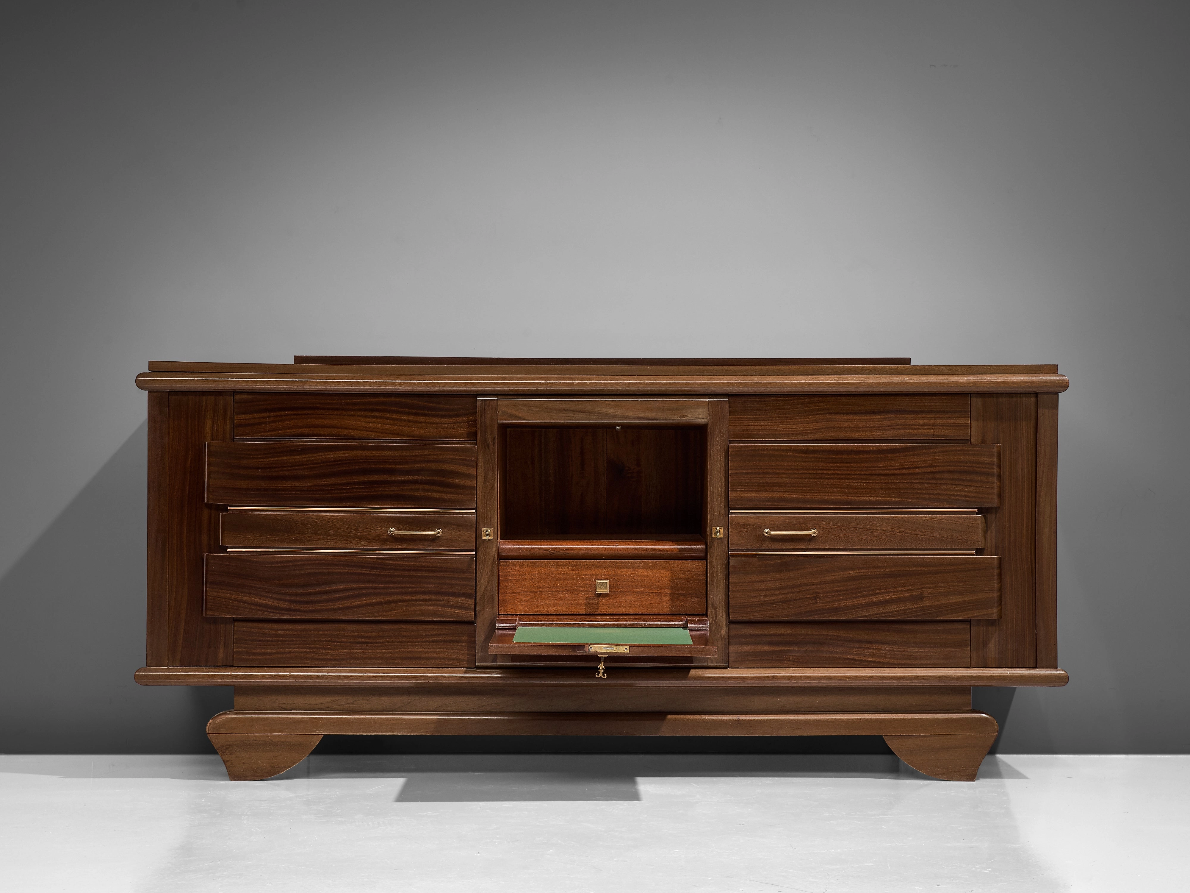 French Art Deco Sideboard in Mahogany and Brass
