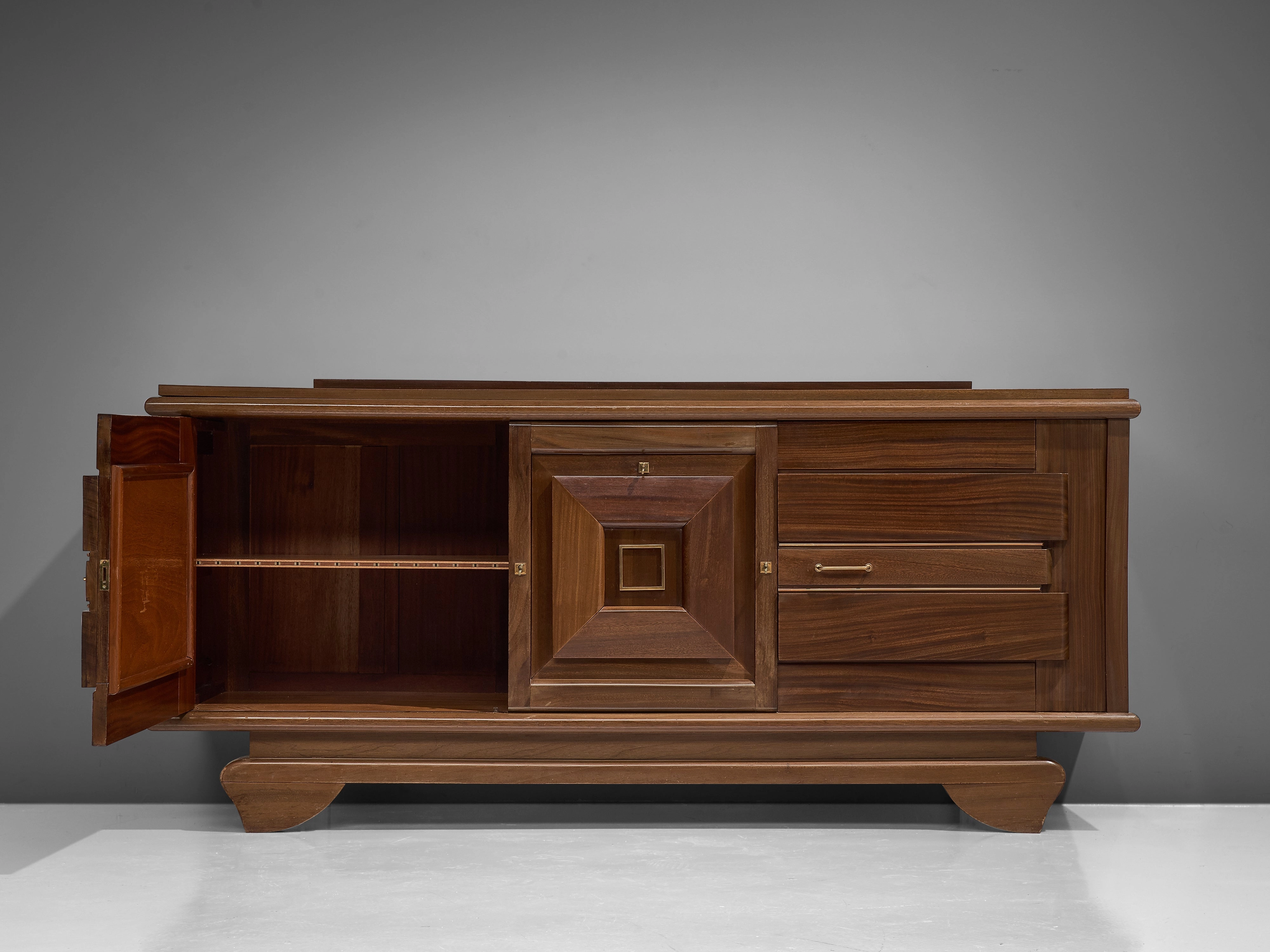 French Art Deco Sideboard in Mahogany and Brass