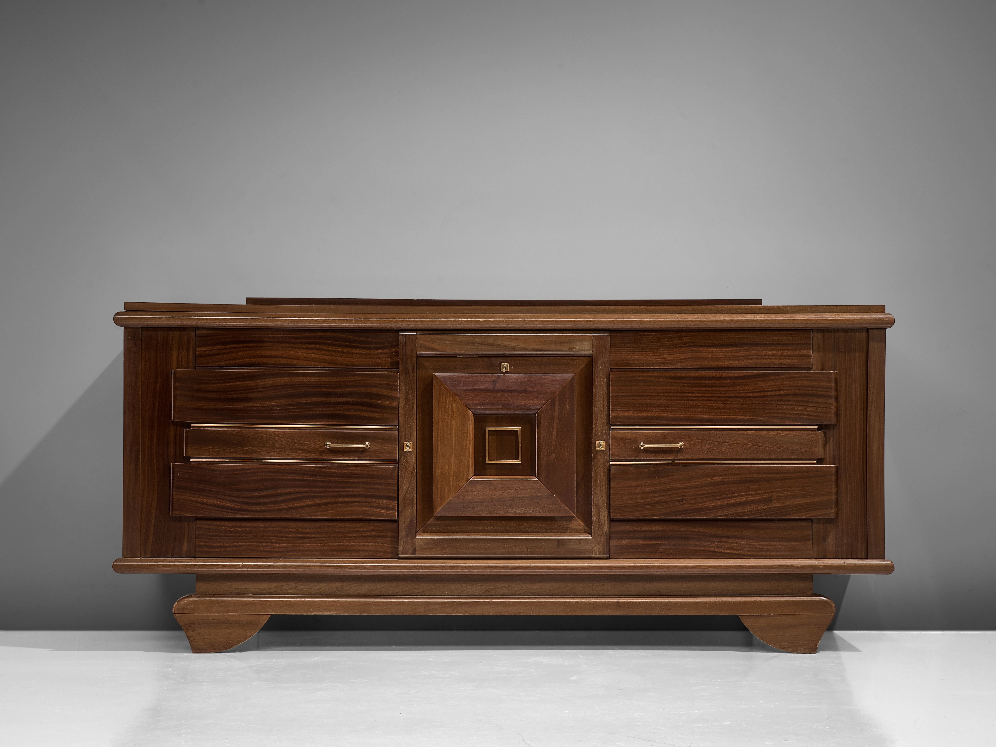 French Art Deco Sideboard in Mahogany and Brass