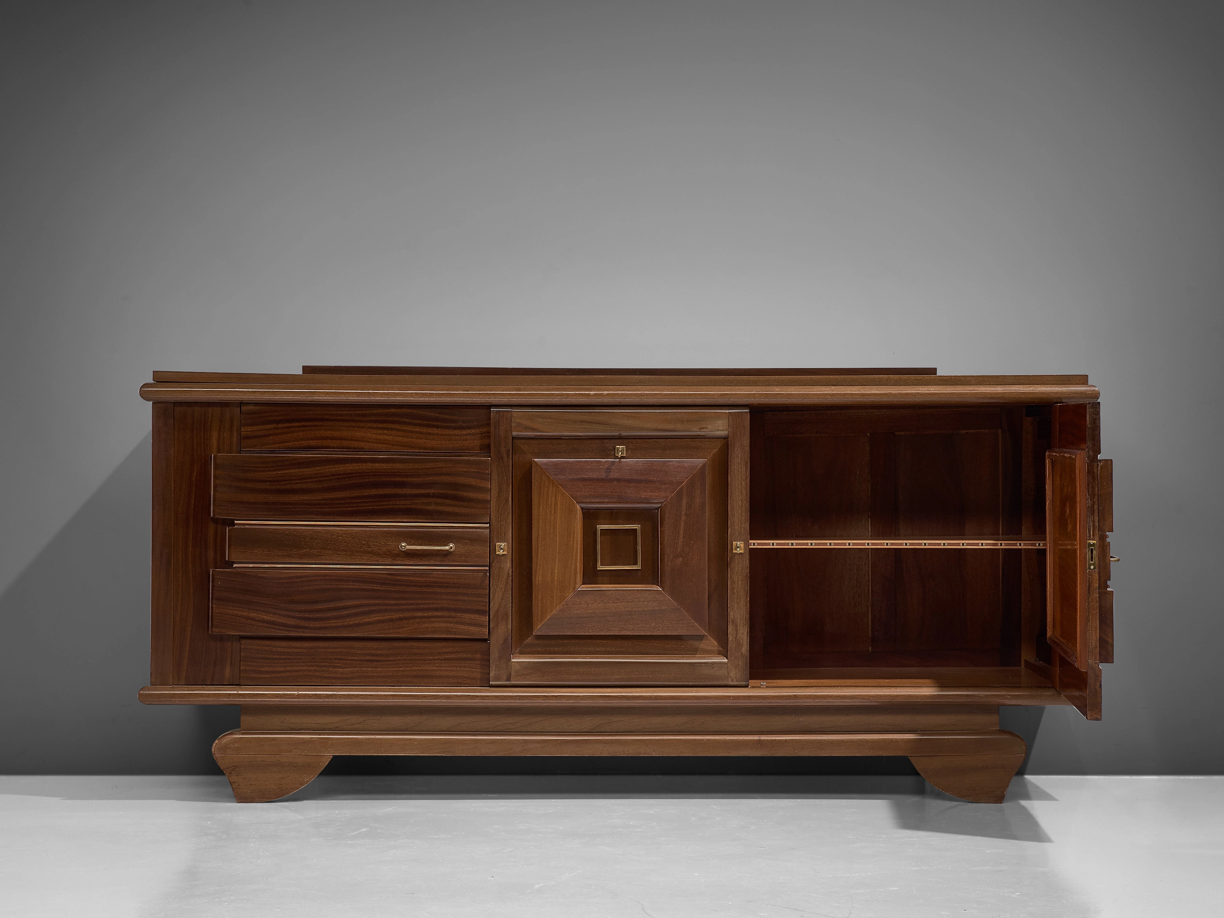 French Art Deco Sideboard in Mahogany and Brass