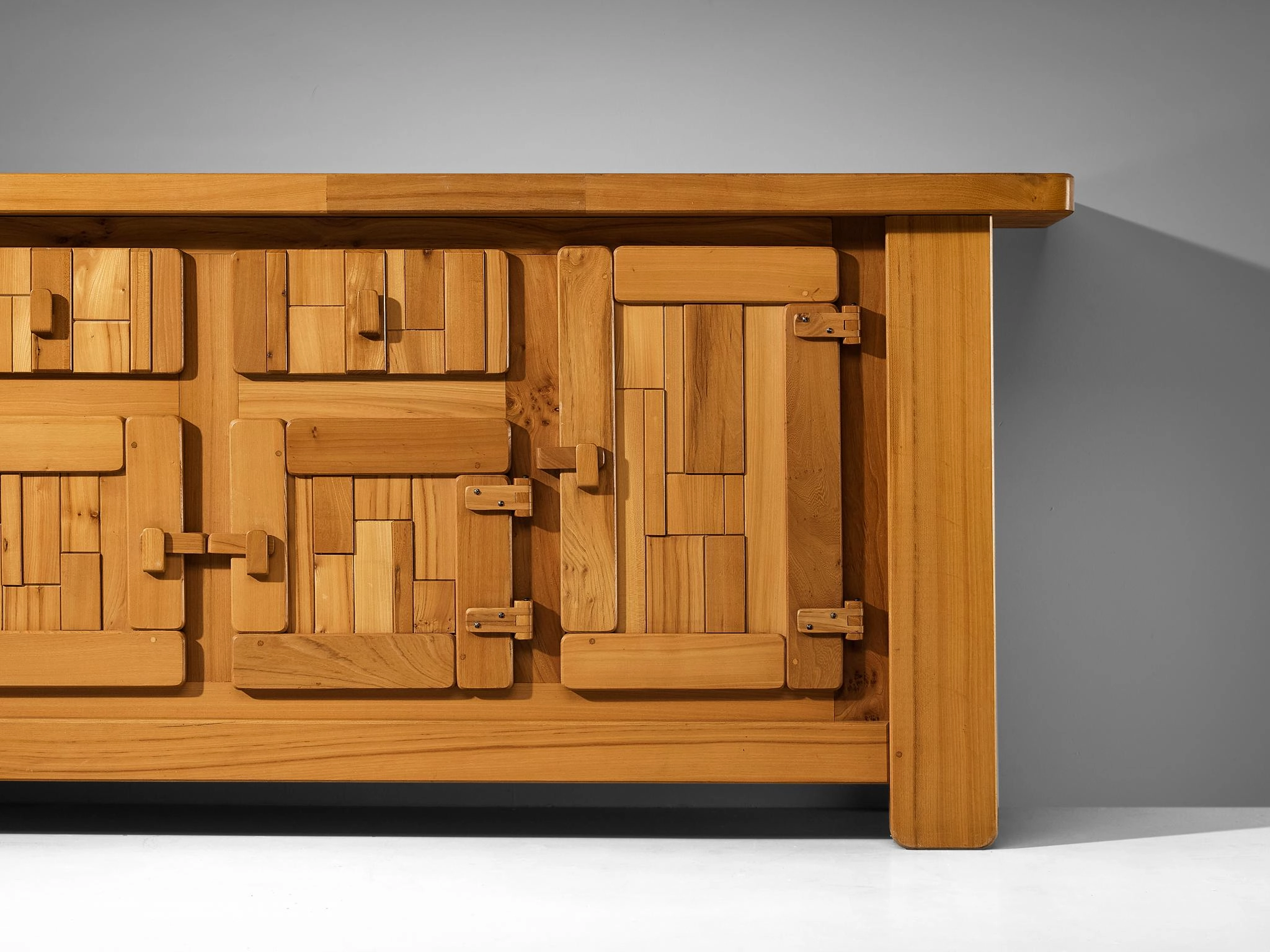 French Brutalist Sideboard with Graphic Doors in Solid Elm