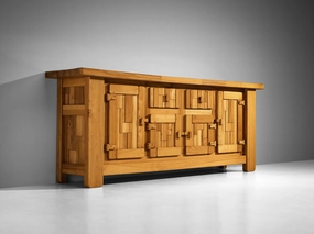 French Brutalist Sideboard with Graphic Doors in Solid Elm storage cabinet,organizer,furniture storage