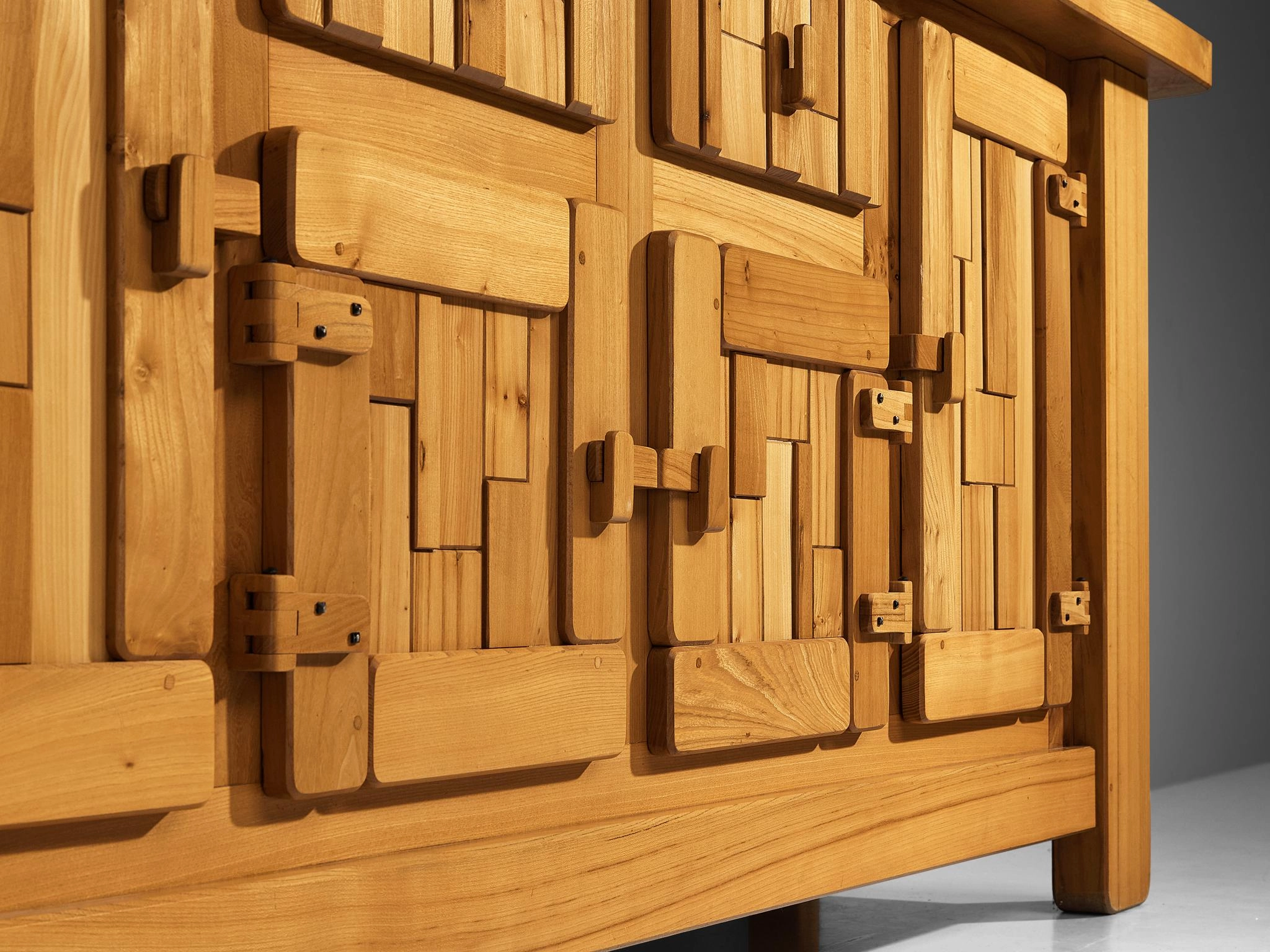 French Brutalist Sideboard with Graphic Doors in Solid Elm