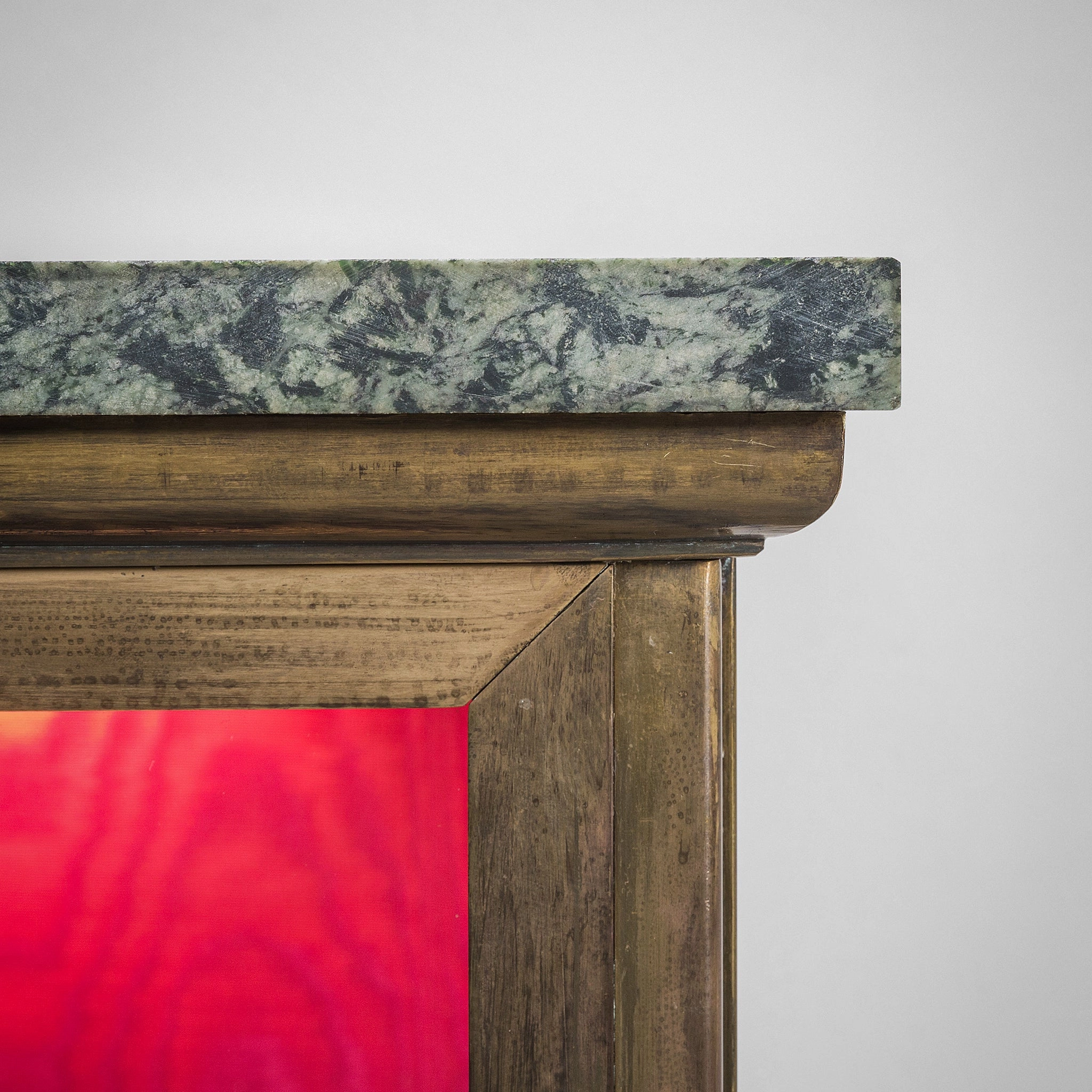 French Vitrine in Red Silk Moir and Green Marble