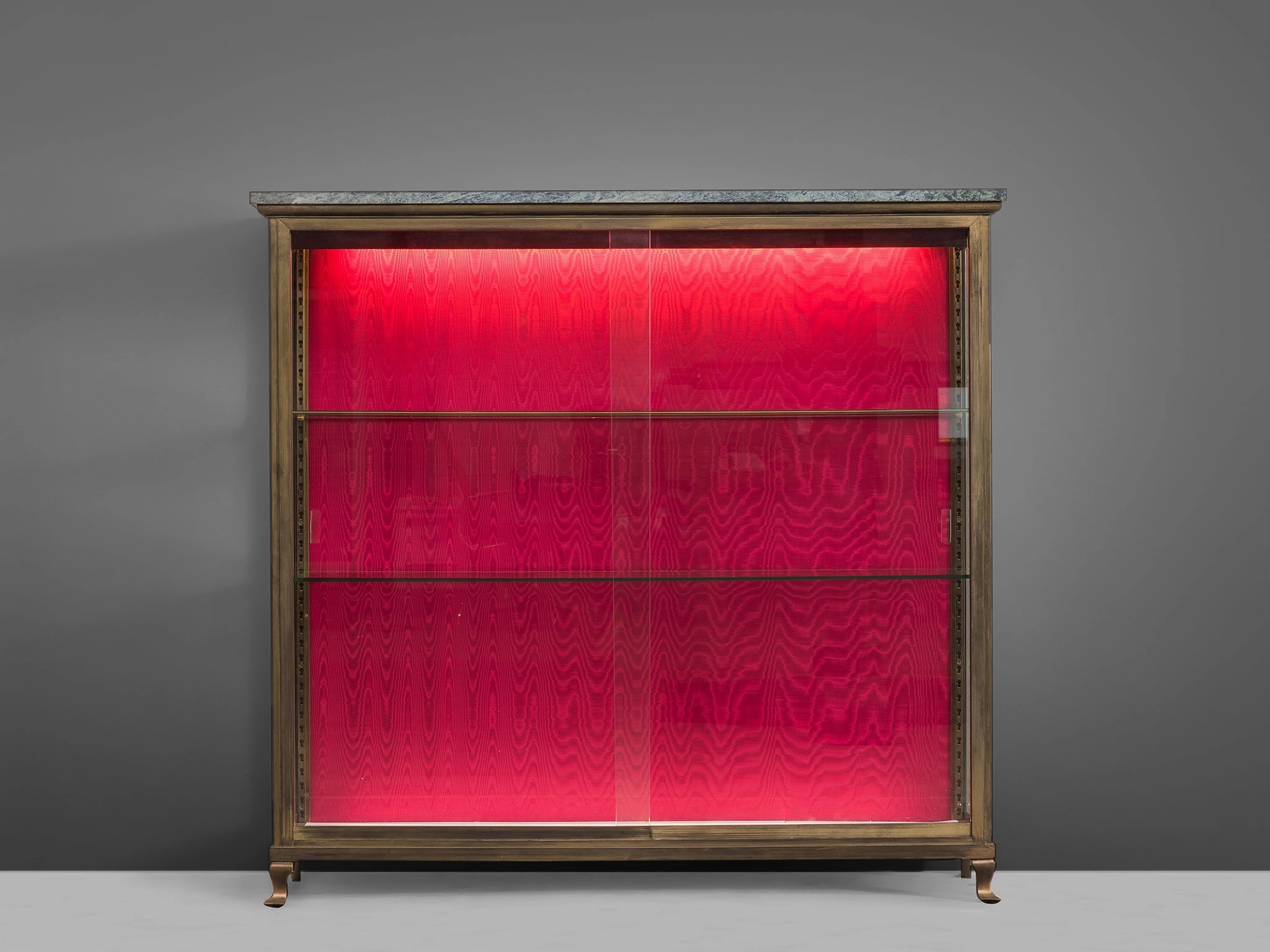French Vitrine in Red Silk Moir and Green Marble
