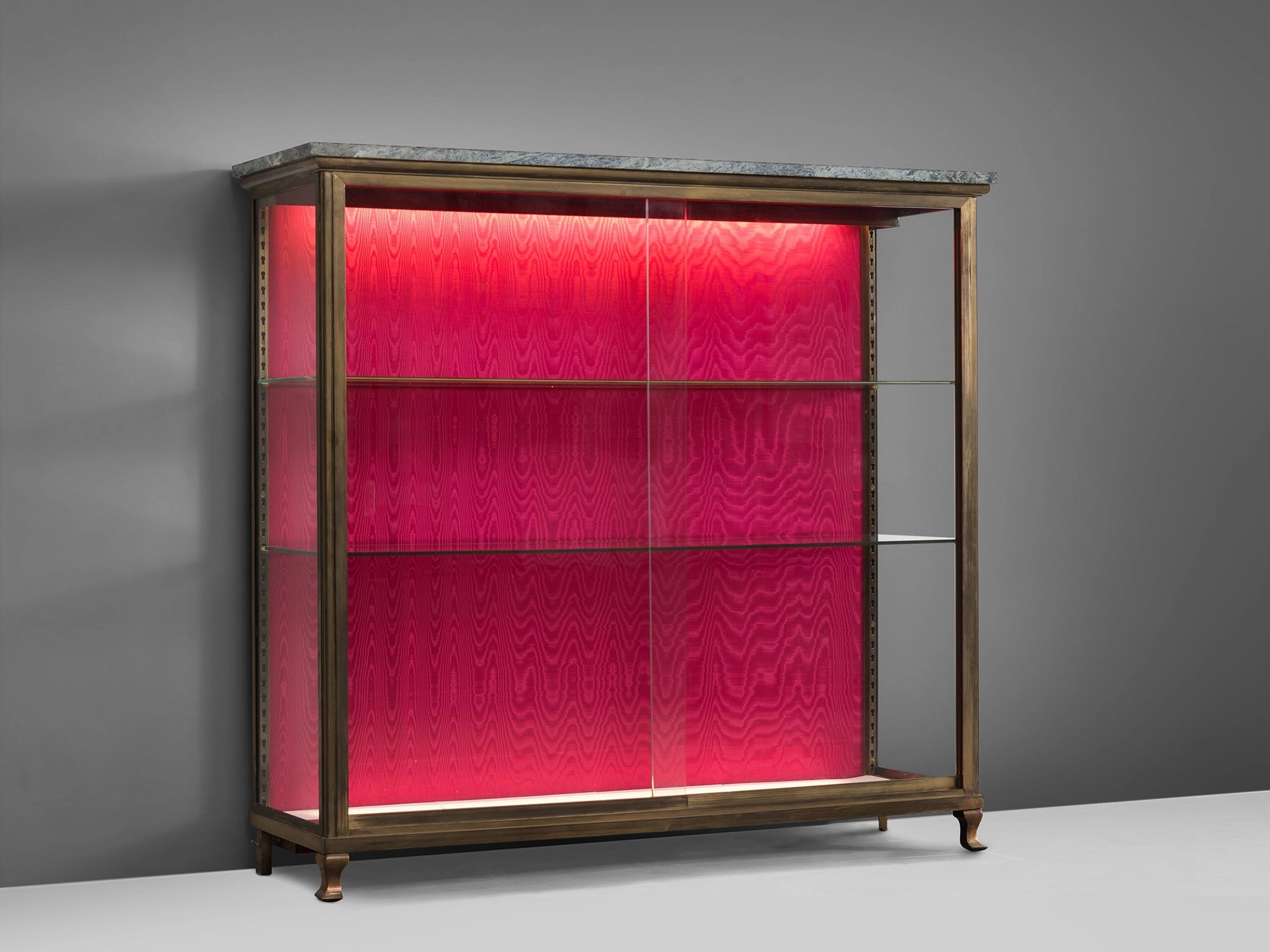 French Vitrine in Red Silk Moir and Green Marble storage cabinet,organizer,furniture storage