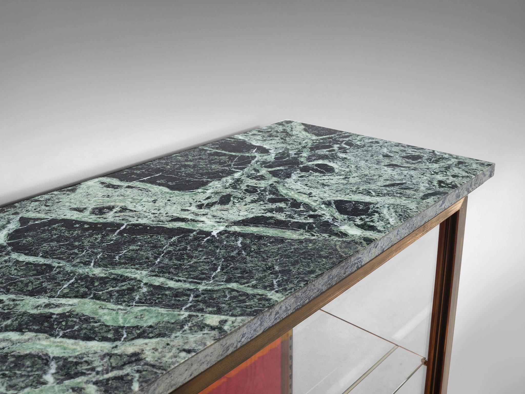 French Vitrine in Red Silk Moir and Green Marble