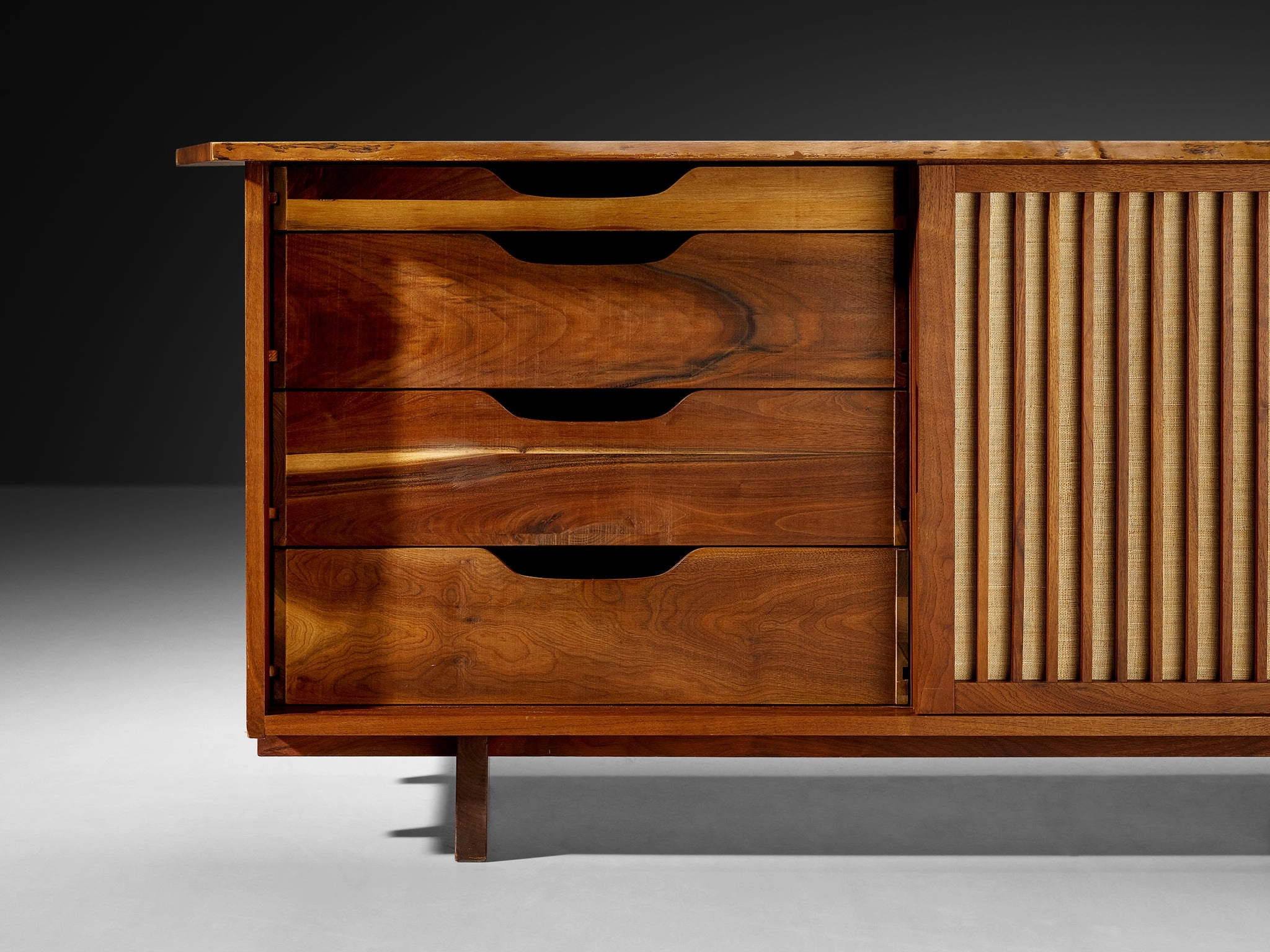 George Nakashima Sliding-Door Cabinet in Walnut and Pandanus Cloth
