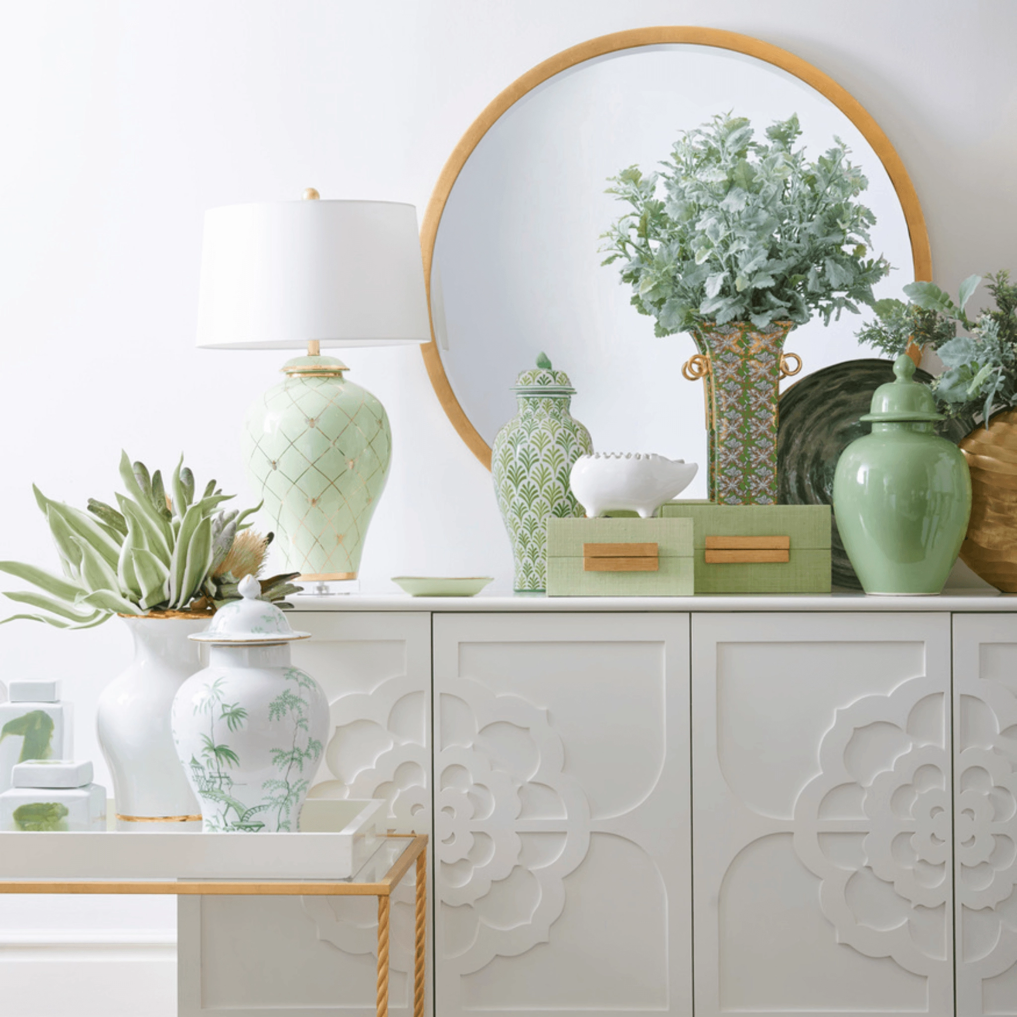 Green & White Hand Painted Covered Urn