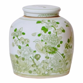 Green and White Lidded Porcelain Jar With Floral Bird Motif vase,flower vase,home decoration