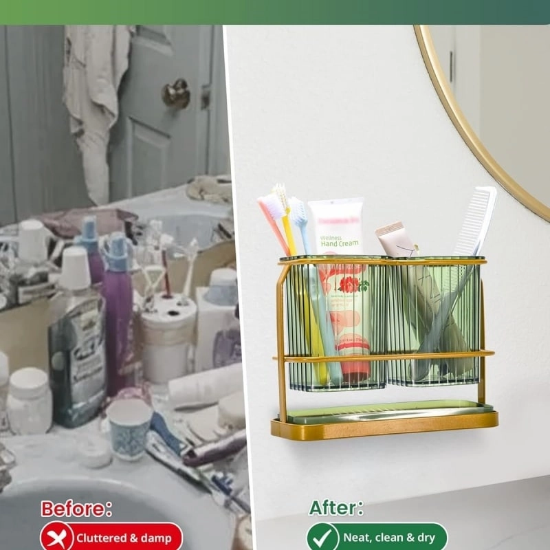 Green Toothbrush Holders for Bathrooms, 2 Cups Toothbrush Holders