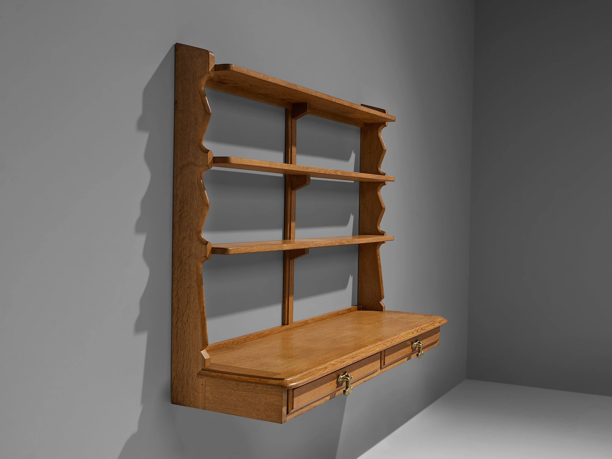 Guillerme & Chambron Wall-Mounted Shelf with Drawers in Solid Oak