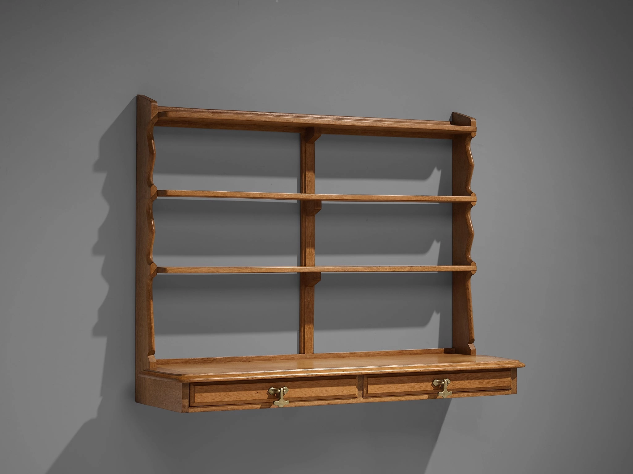 Guillerme & Chambron Wall-Mounted Shelf with Drawers in Solid Oak