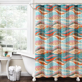 Hailey Watercolor Wave Cotton Shower Curtain shower curtain,bath curtain,bathroom decor