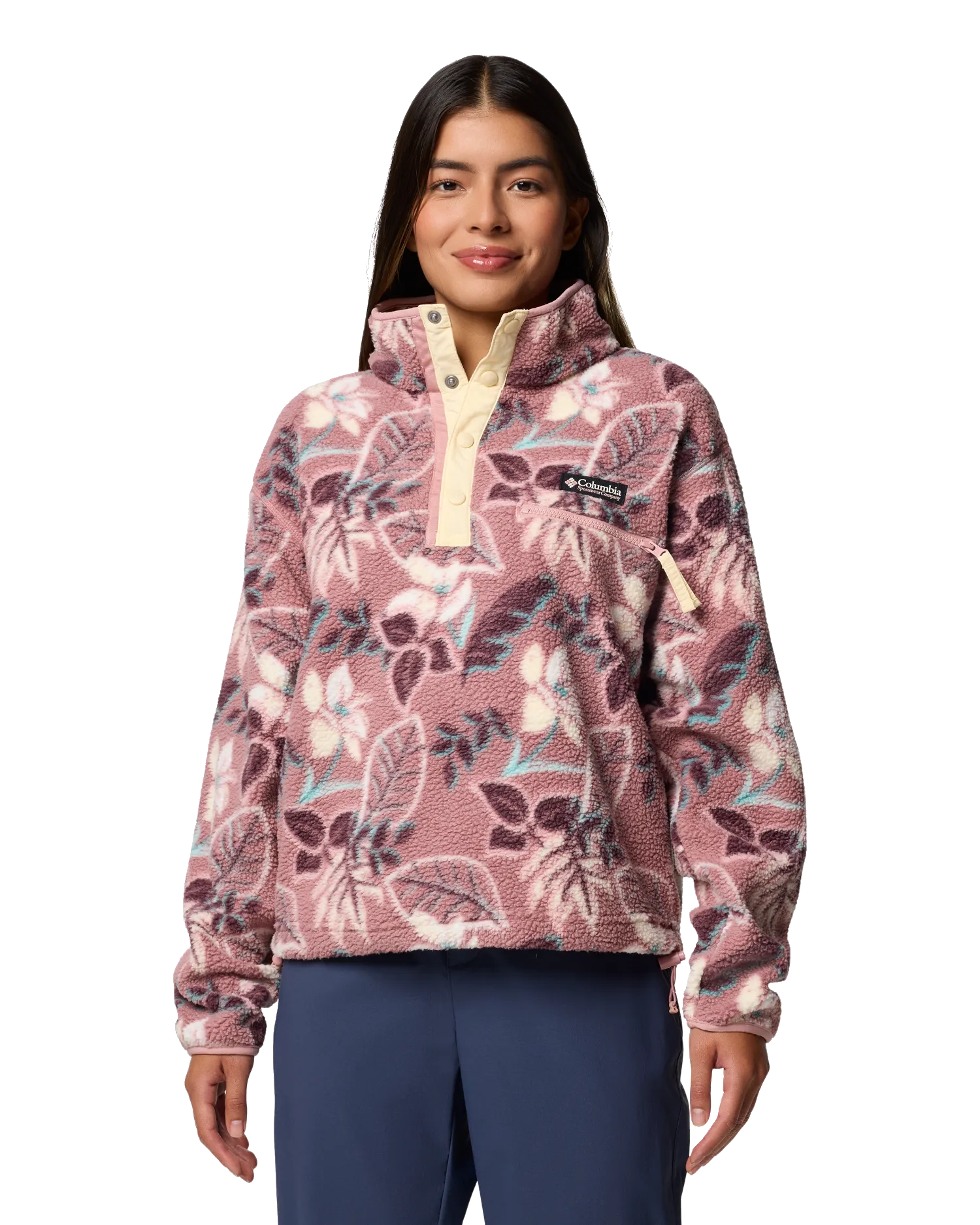 Helvetia II Printed Cropped Half Snap Fleece Jacket in Fig Pasteled Multi