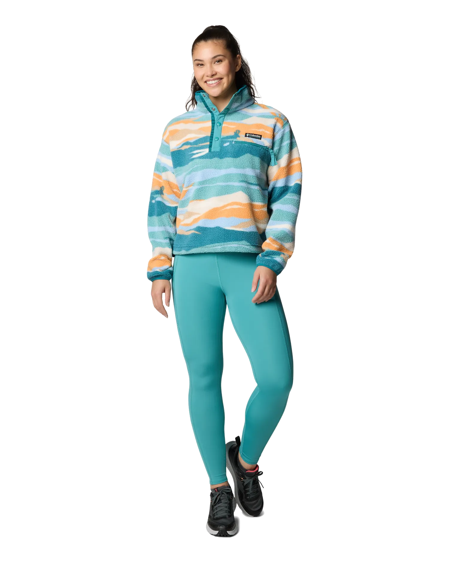 Helvetia II Printed Cropped Half Snap Fleece Jacket in Teal