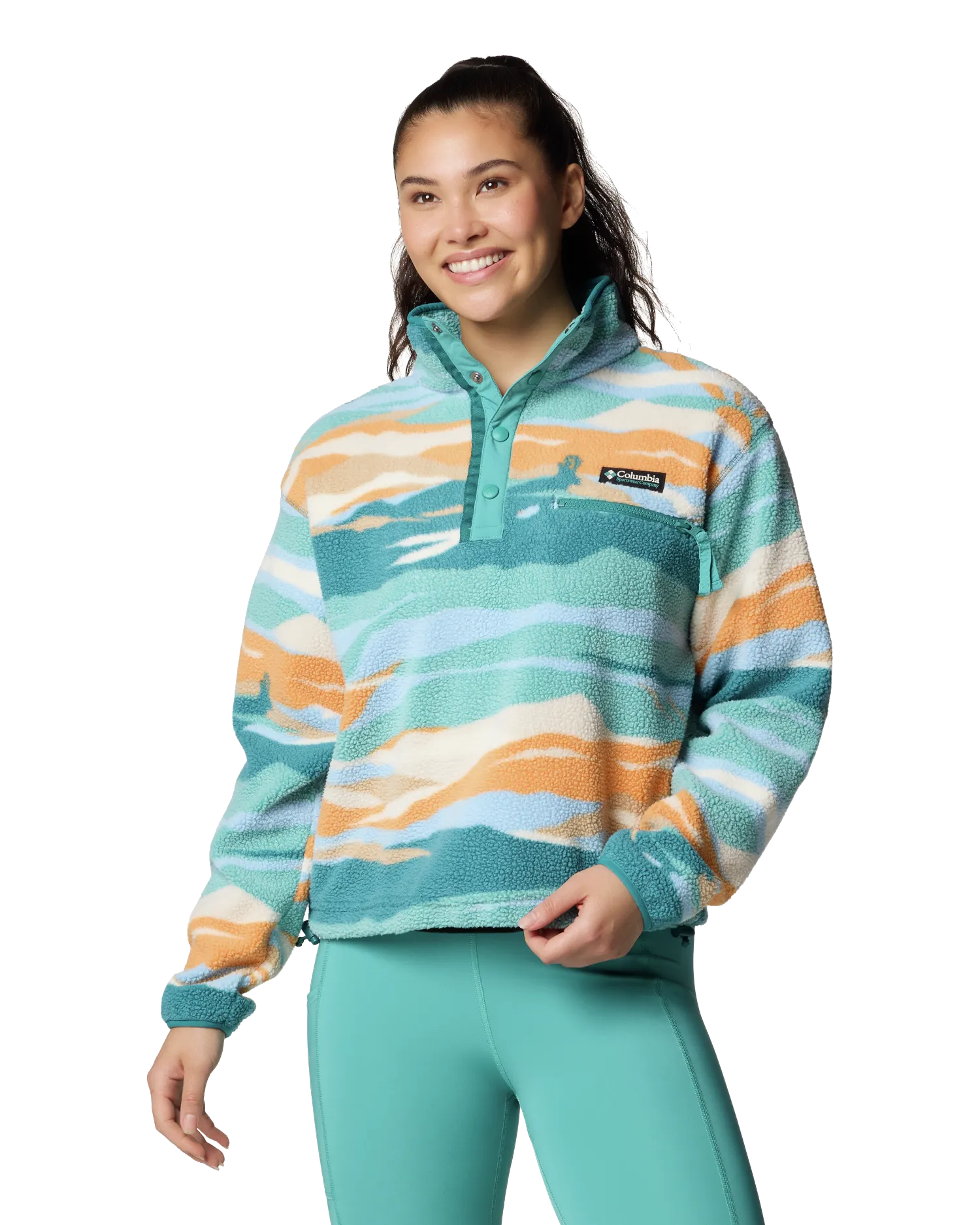 Helvetia II Printed Cropped Half Snap Fleece Jacket in Teal