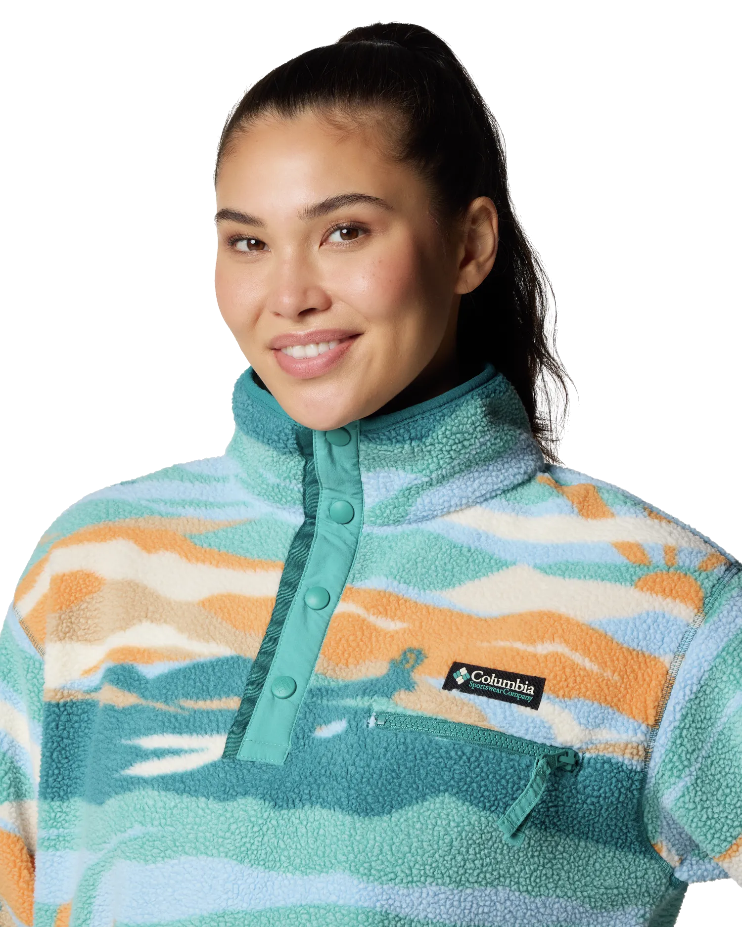 Helvetia II Printed Cropped Half Snap Fleece Jacket in Teal