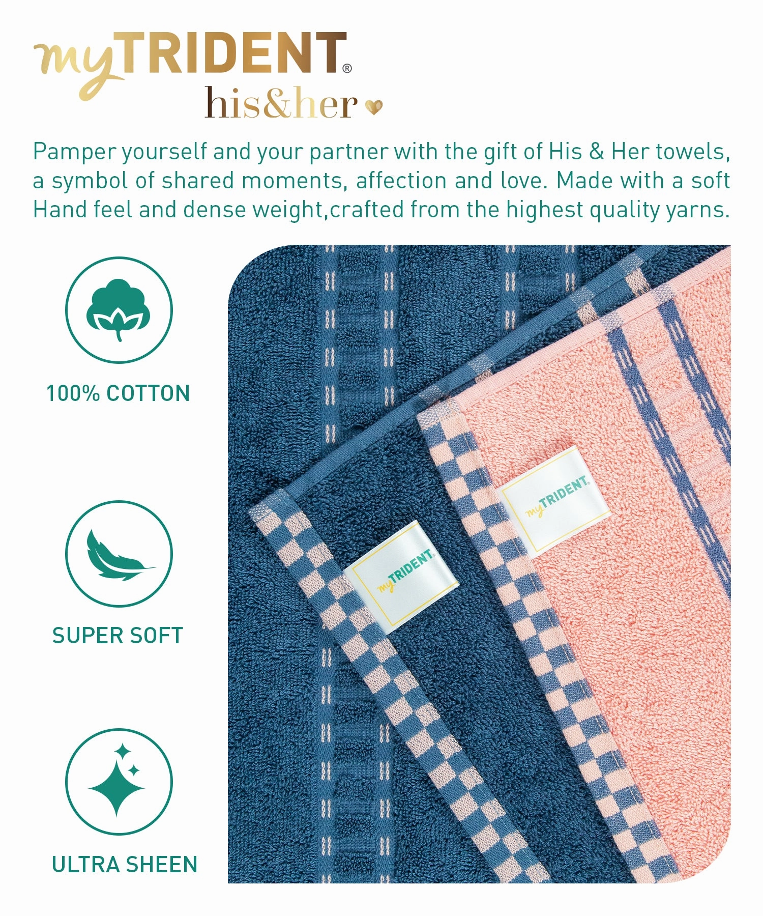 His & Her 2 PC Towel Set, 100% Cotton, 500 GSM, Durable, Super Soft, Candy & Floss