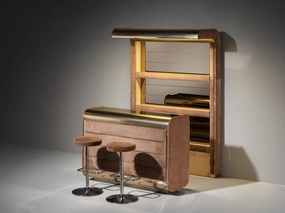 Hollywood Regency Bar and Stools in the Style of Willy Rizzo Brass Suede storage cabinet,organizer,furniture storage