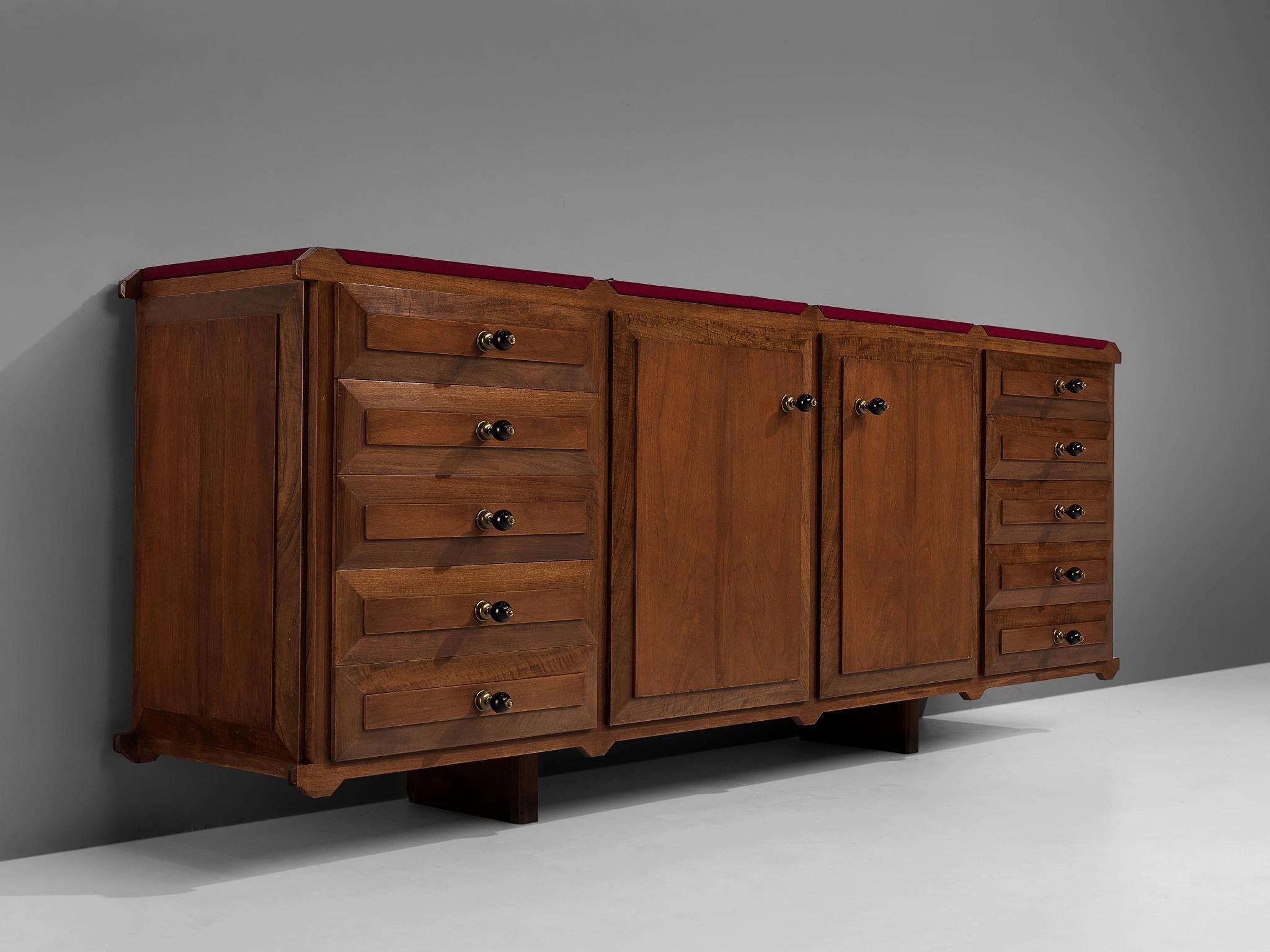Italian Sideboard with Drawers in Walnut with Brass Handles