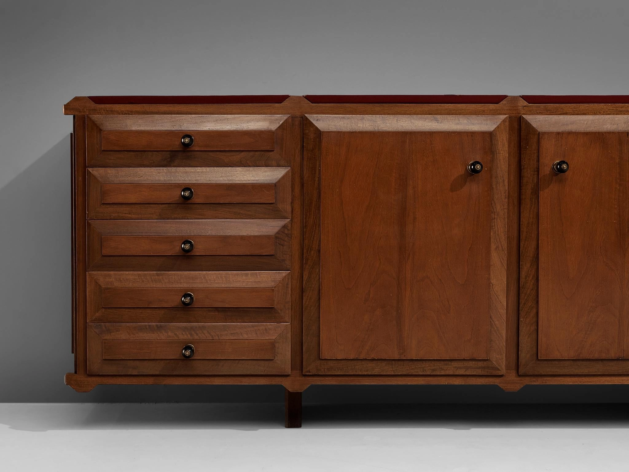 Italian Sideboard with Drawers in Walnut with Brass Handles