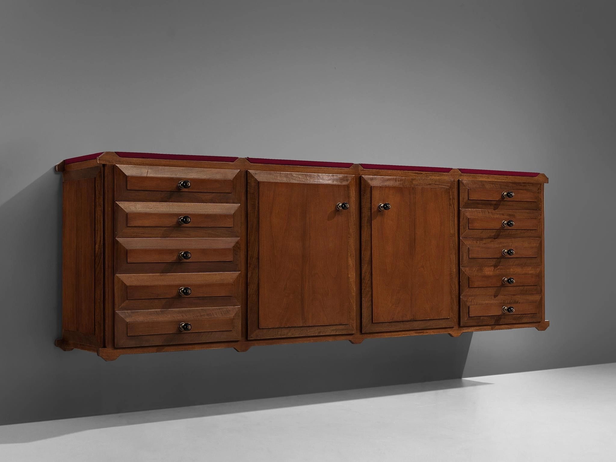 Italian Sideboard with Drawers in Walnut with Brass Handles