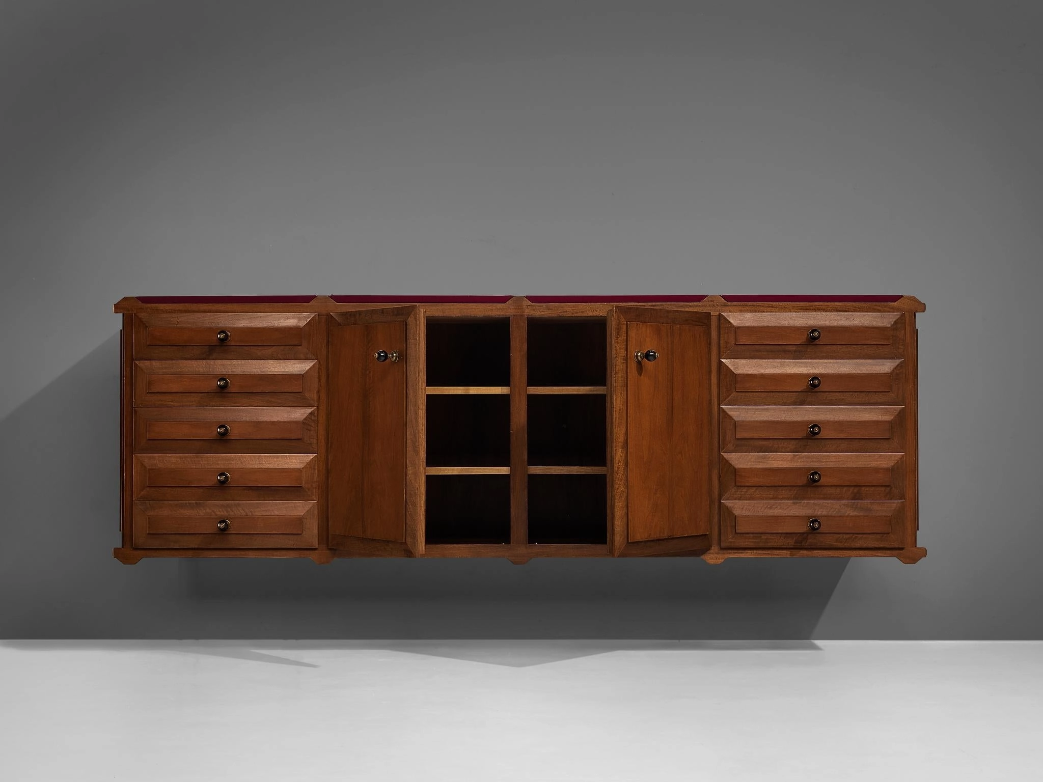 Italian Sideboard with Drawers in Walnut with Brass Handles