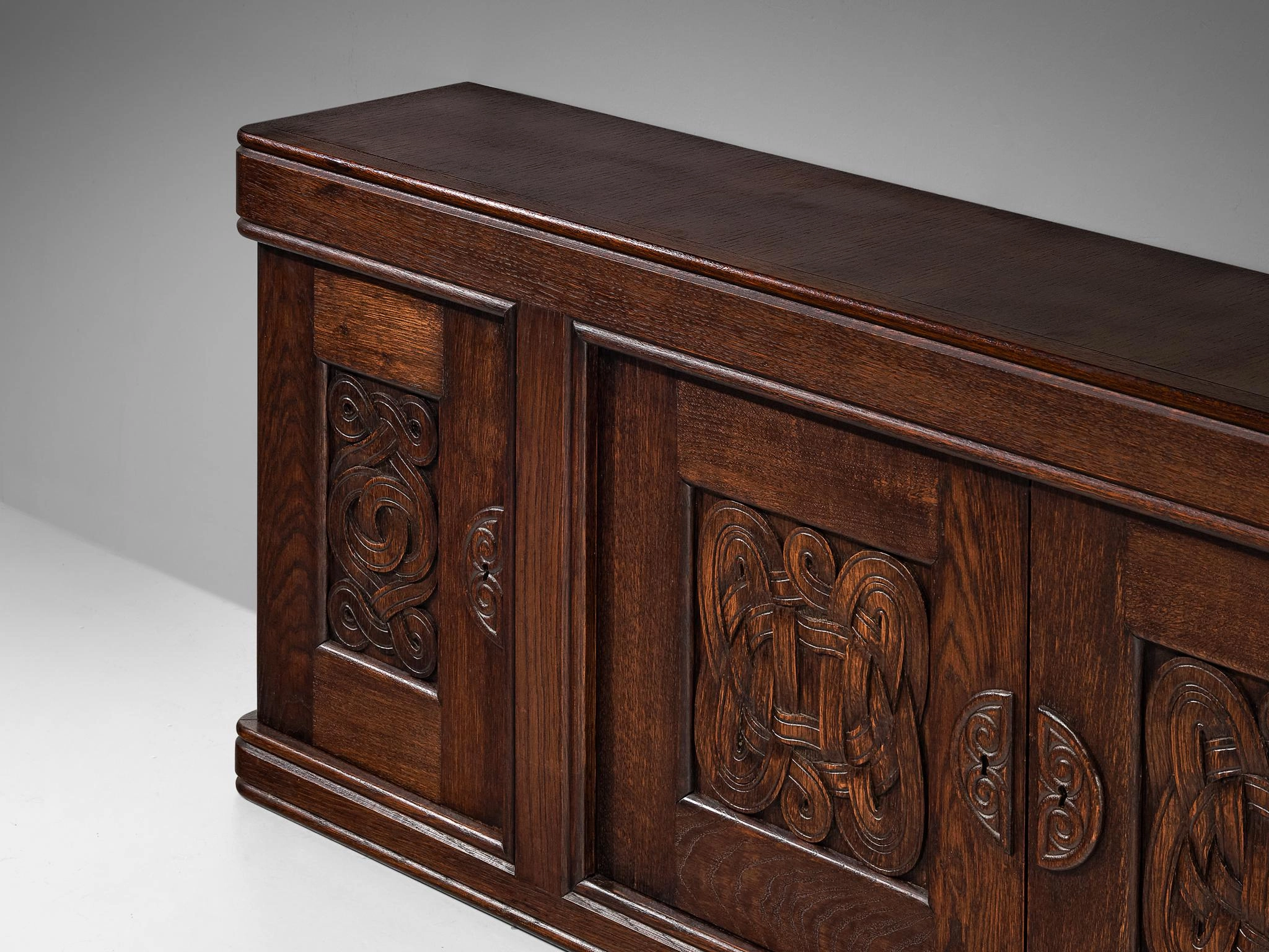 Joseph Savina Cabinet with Intricate Carvings in Oak
