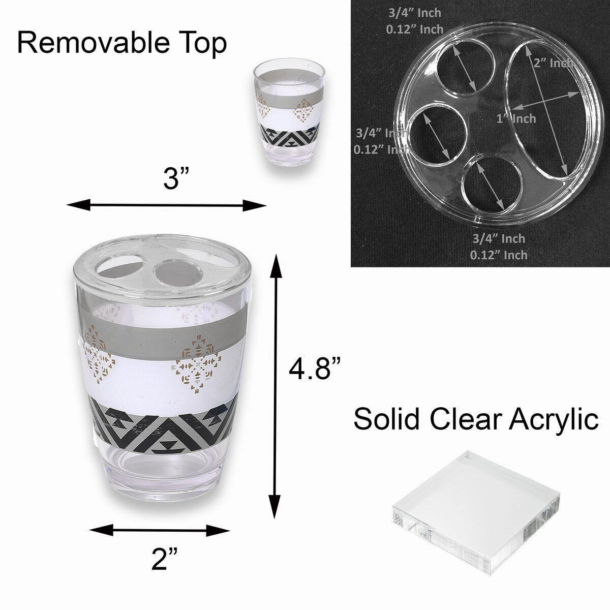 Kenya Clear Toothbrush Holder Stand for Bathroom Vanity Countertop - White, Black, Grey, Gold - 3" L x 3" W x 4.8" H