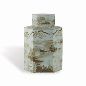 Large Brown on White Porcelain Tea Jar with Asian Pastoral Scene vase,flower vase,home decoration