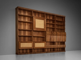 Large Italian Bookcase in Walnut, Cherry, and Grasscloth storage cabinet,organizer,furniture storage