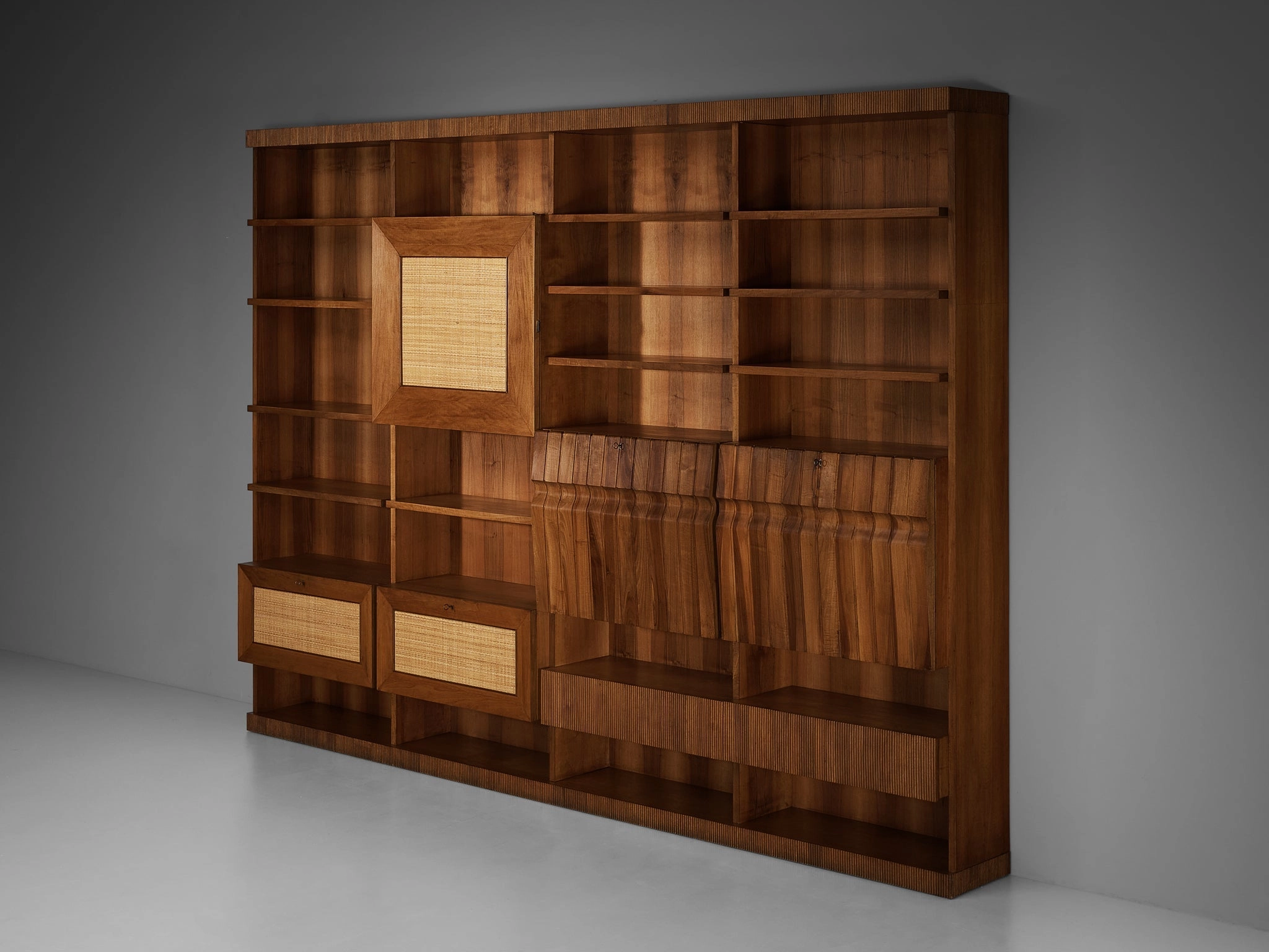 Large Italian Bookcase in Walnut, Cherry, and Grasscloth