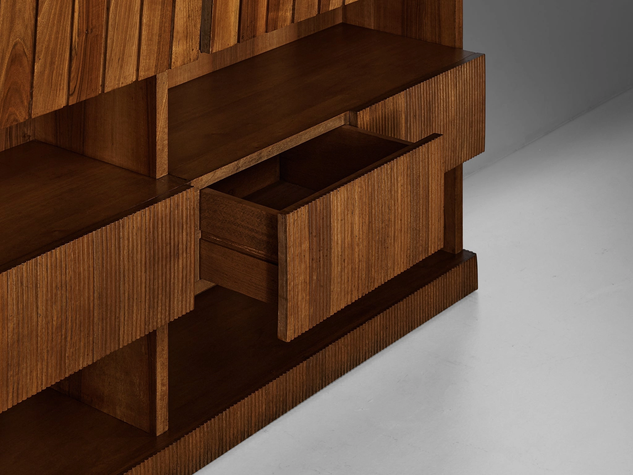 Large Italian Bookcase in Walnut, Cherry, and Grasscloth
