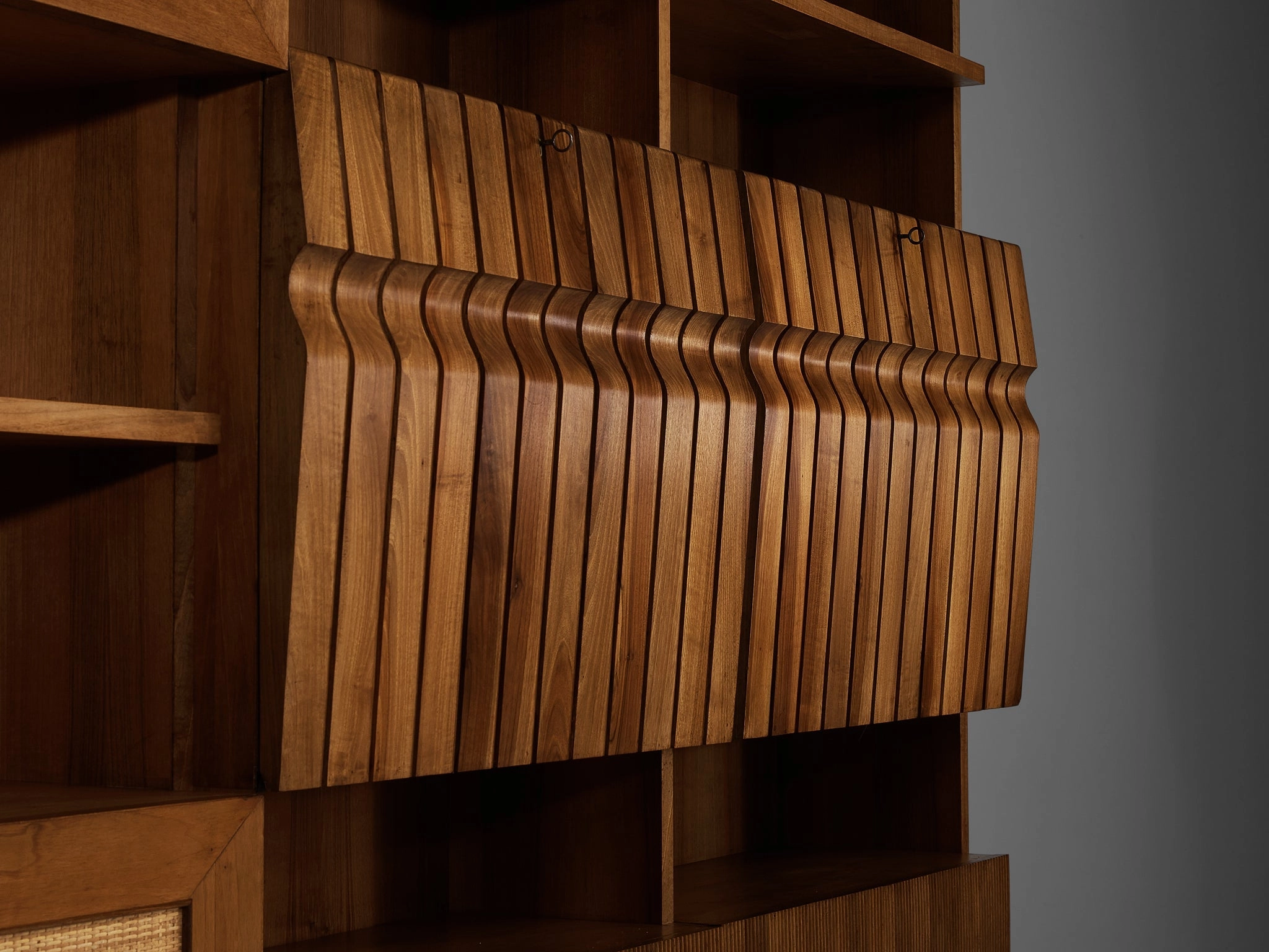 Large Italian Bookcase in Walnut, Cherry, and Grasscloth