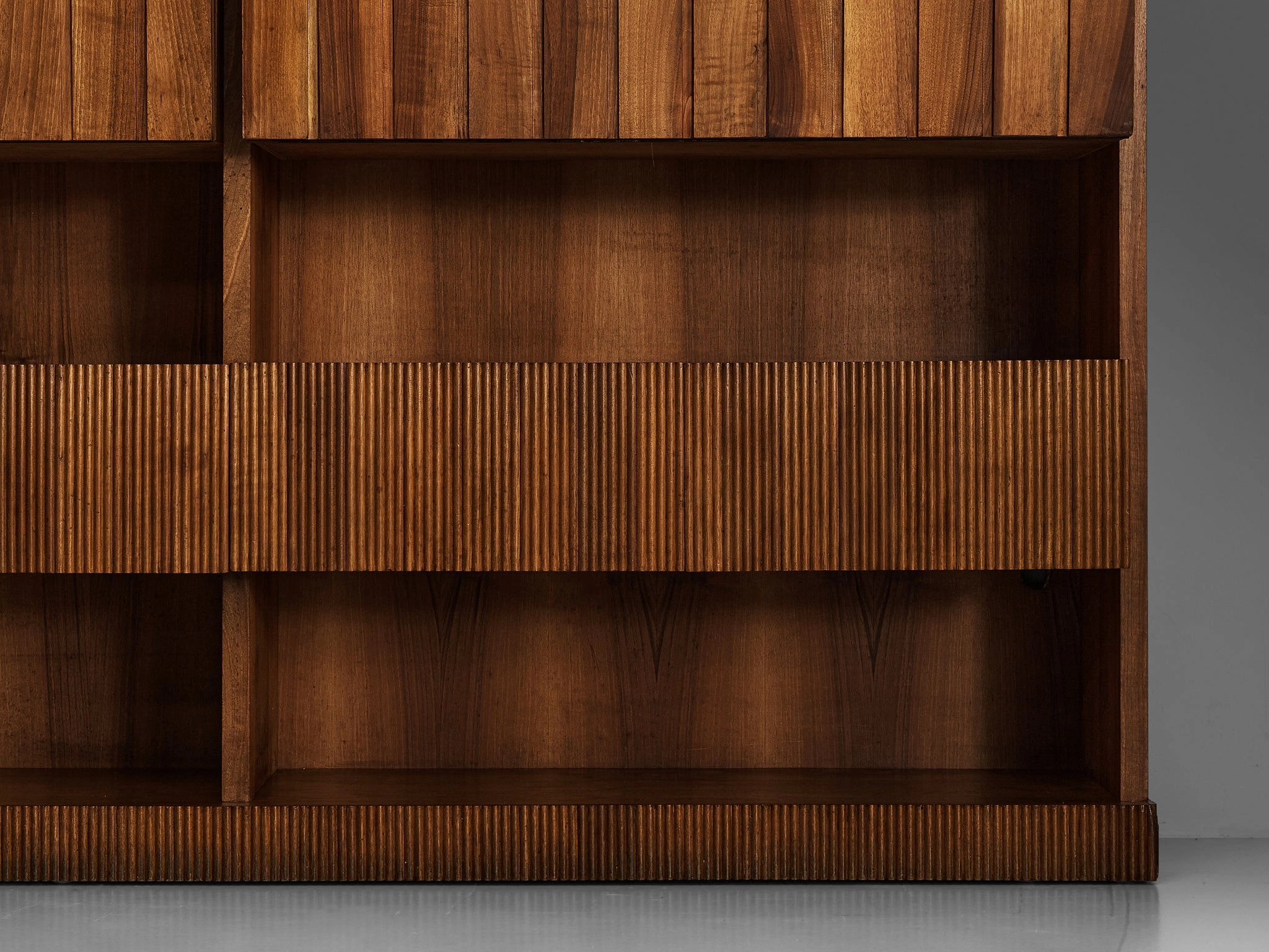 Large Italian Bookcase in Walnut, Cherry, and Grasscloth