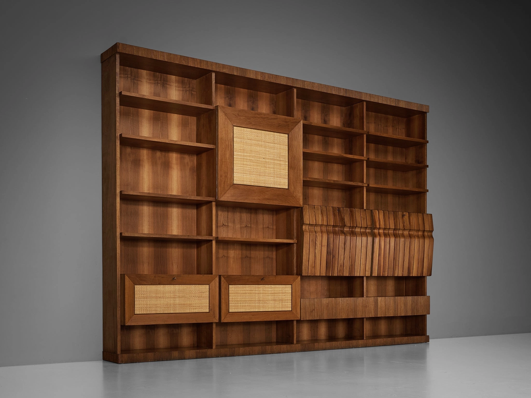 Large Italian Bookcase in Walnut, Cherry, and Grasscloth storage cabinet,organizer,furniture storage