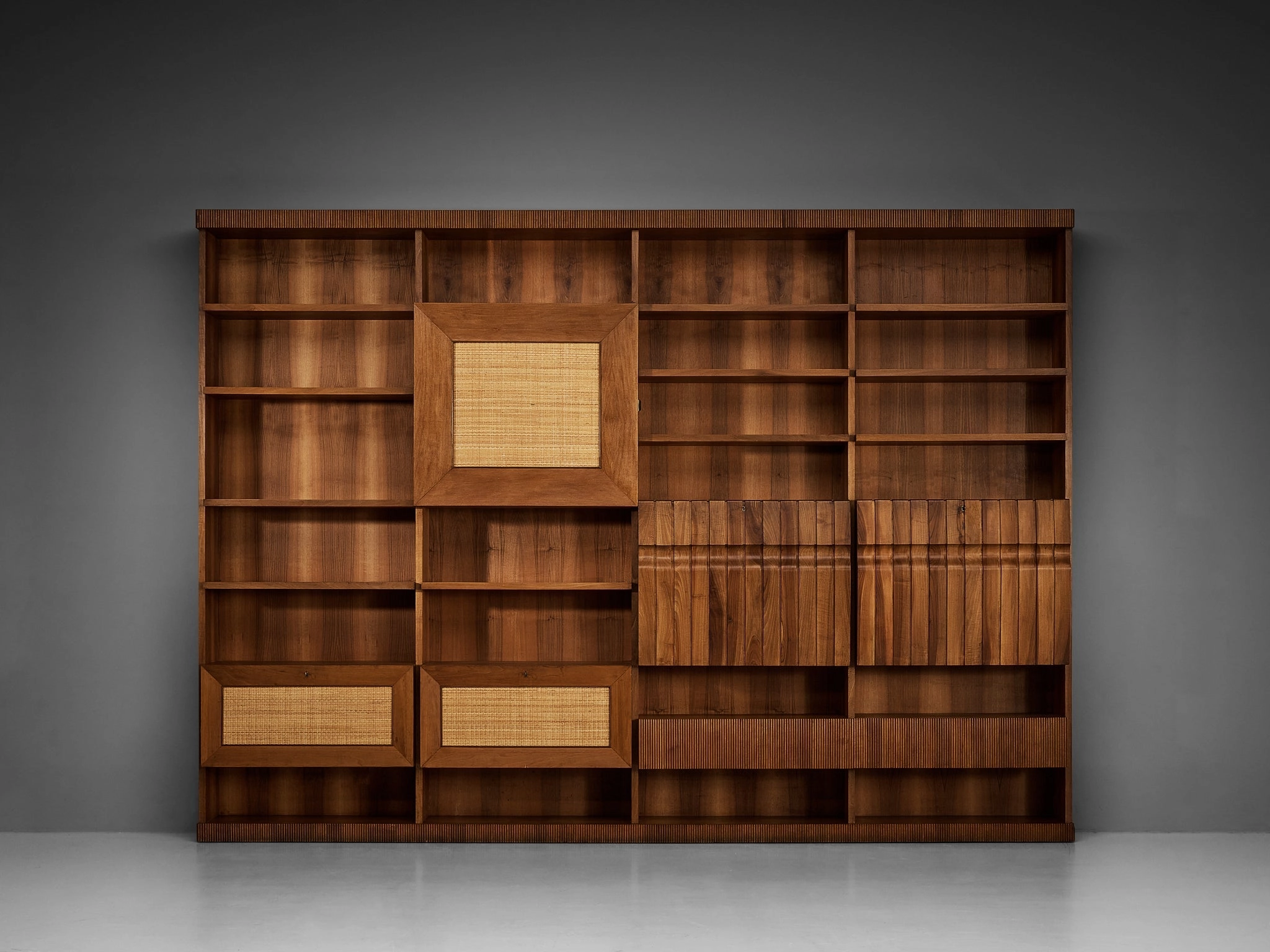 Large Italian Bookcase in Walnut, Cherry, and Grasscloth
