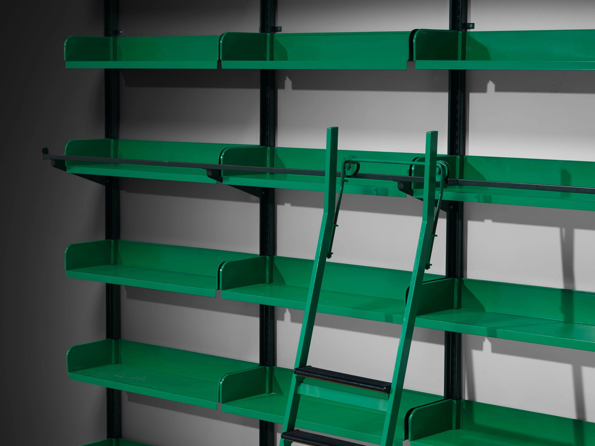 Large Italian Library with Integrated Staircase in Green Lacquered Steel