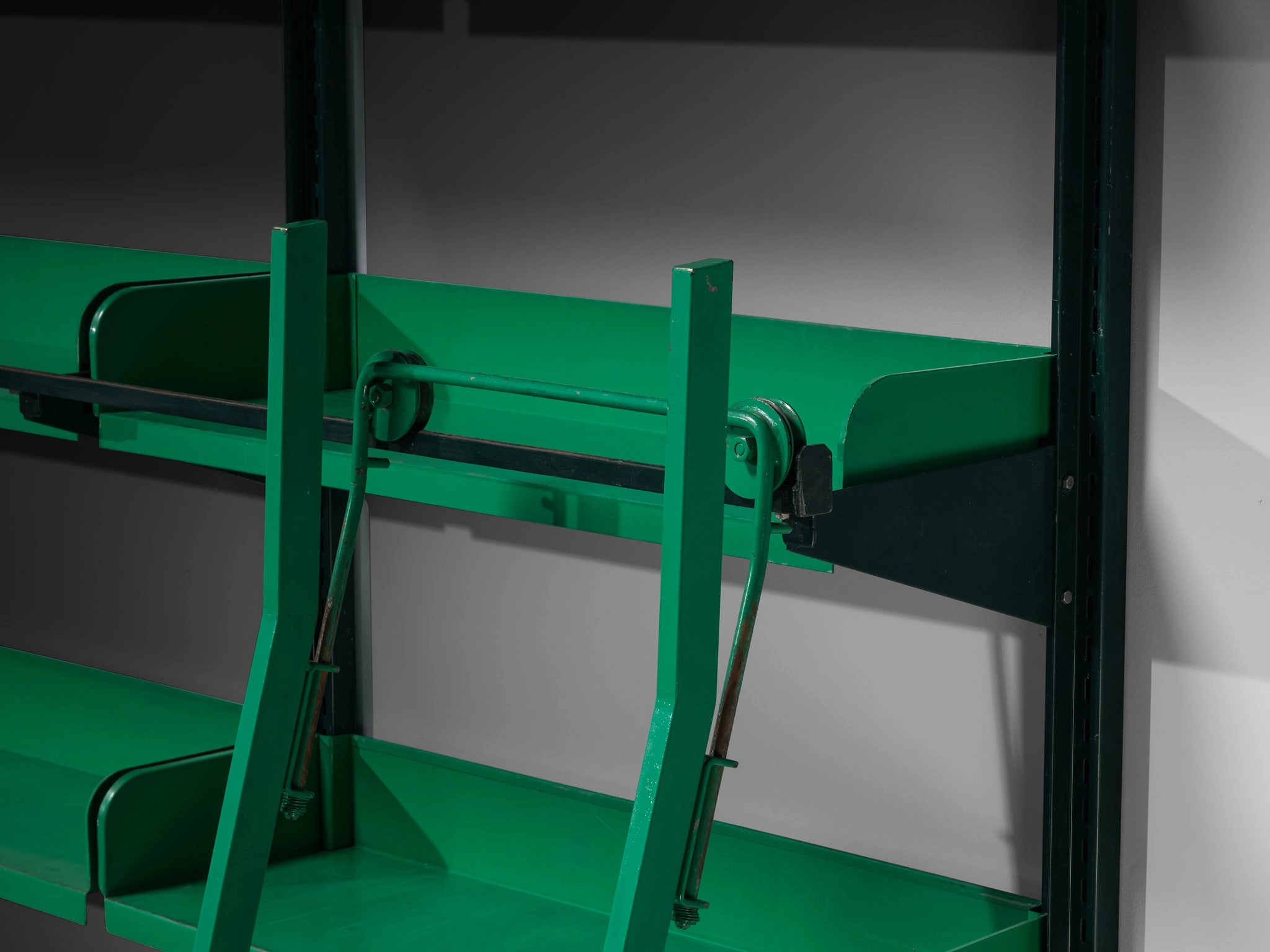 Large Italian Library with Integrated Staircase in Green Lacquered Steel