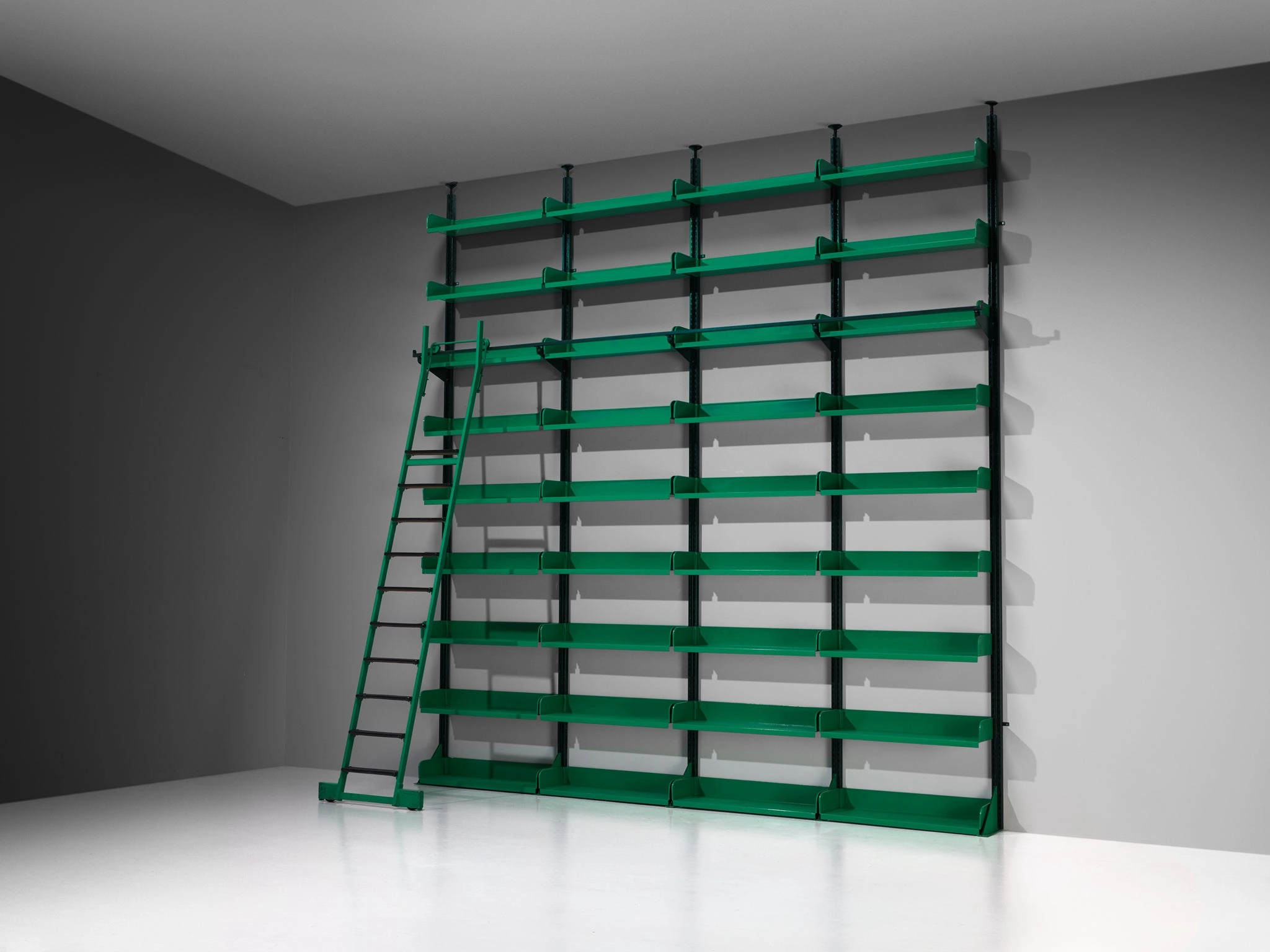 Large Italian Library with Integrated Staircase in Green Lacquered Steel