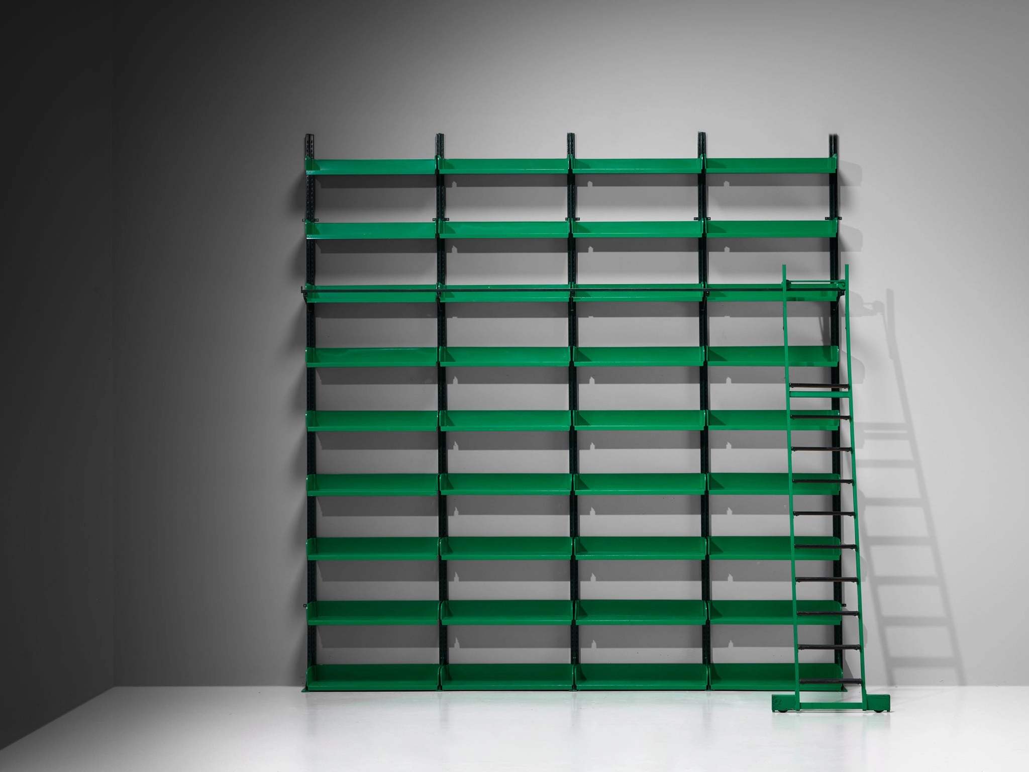 Large Italian Library with Integrated Staircase in Green Lacquered Steel