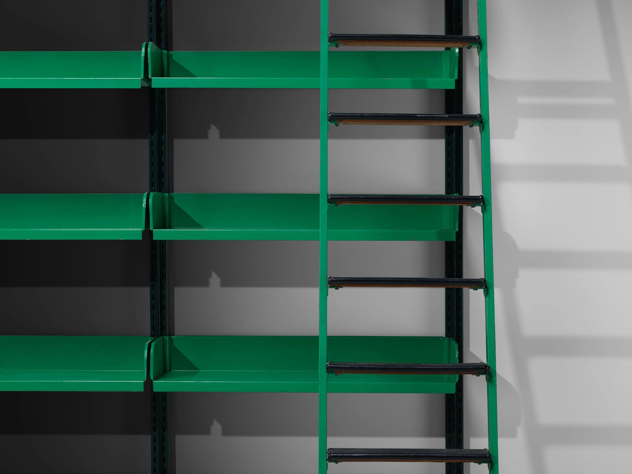 Large Italian Library with Integrated Staircase in Green Lacquered Steel