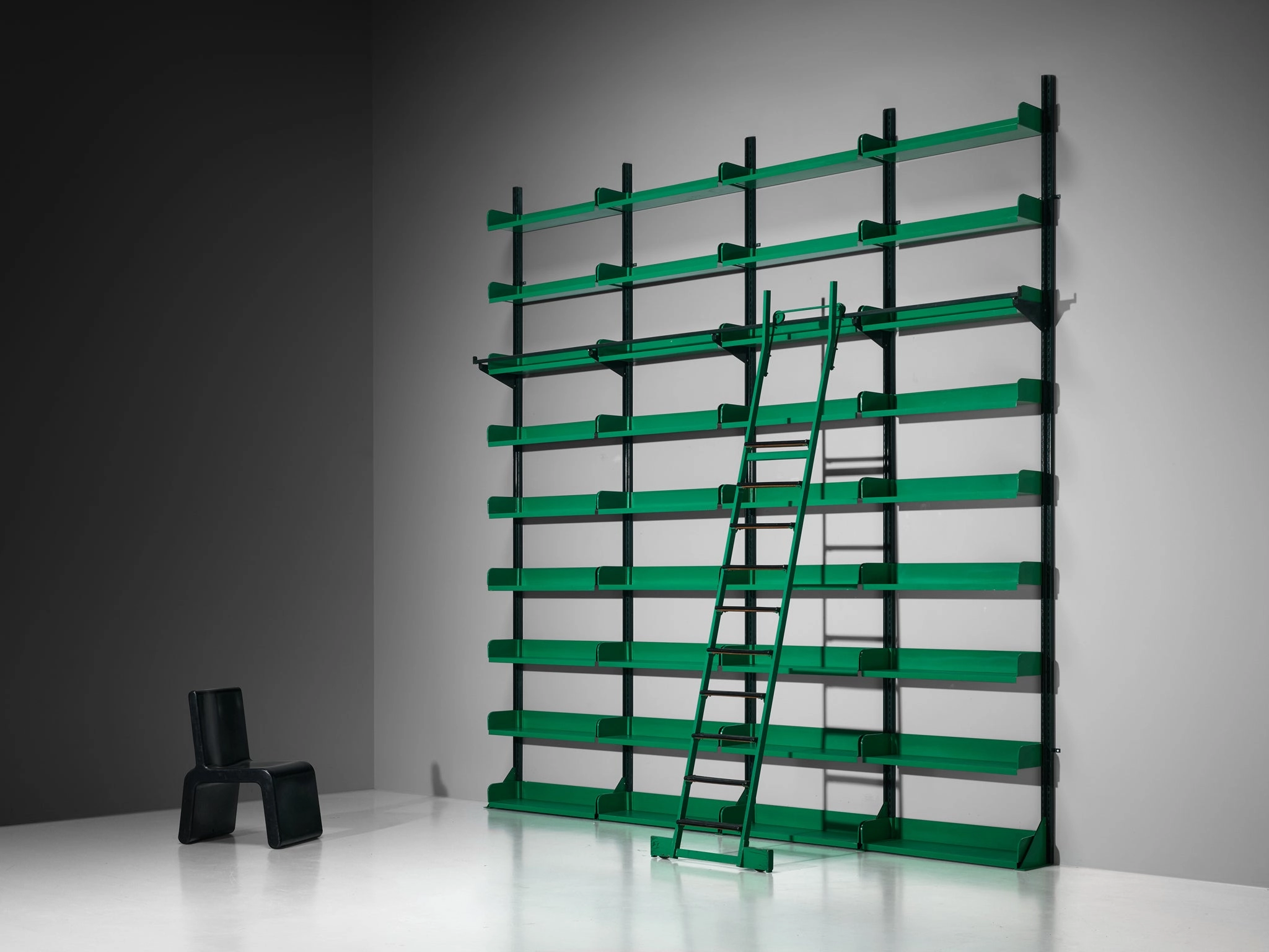 Large Italian Library with Integrated Staircase in Green Lacquered Steel storage cabinet,organizer,furniture storage