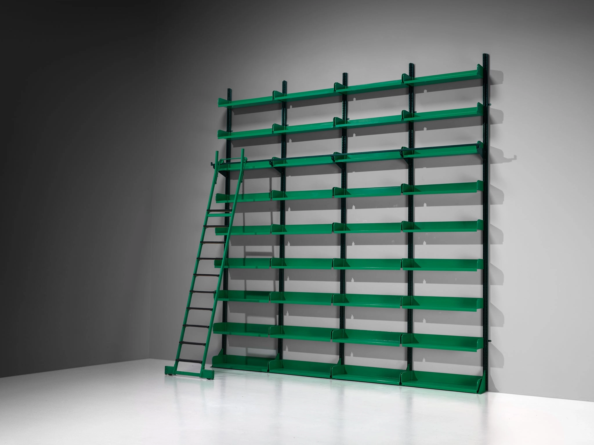 Large Italian Library with Integrated Staircase in Green Lacquered Steel