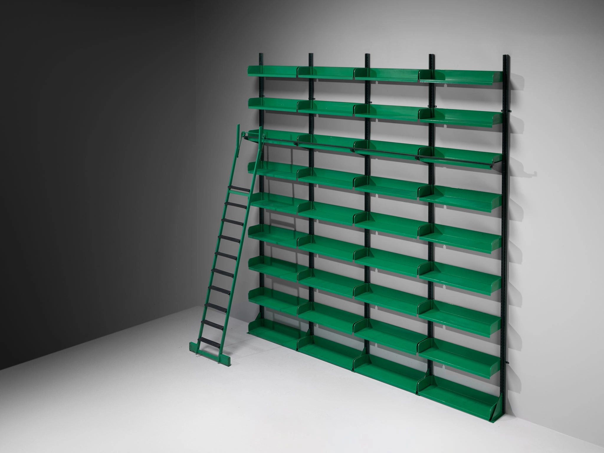 Large Italian Library with Integrated Staircase in Green Lacquered Steel