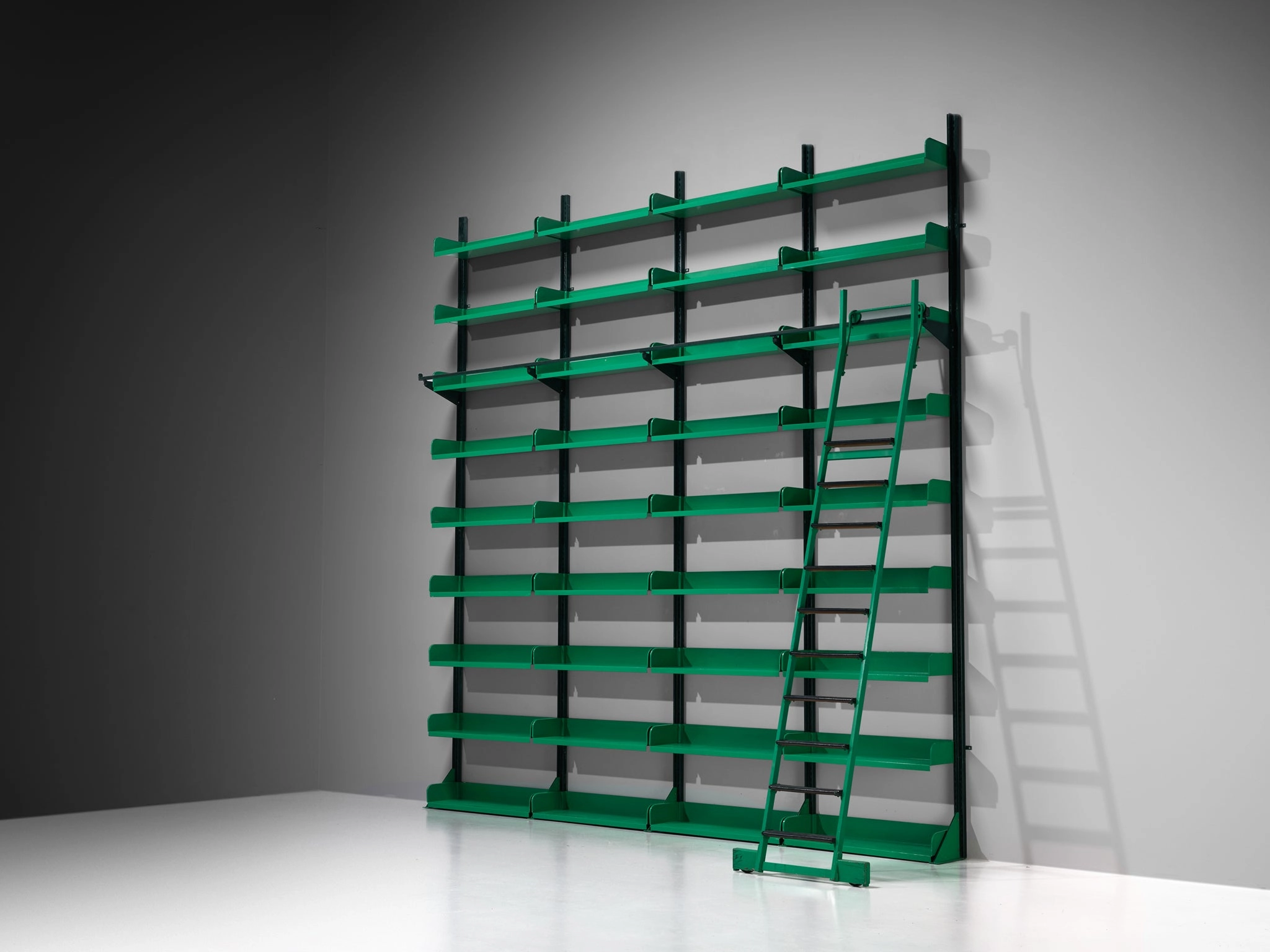 Large Italian Library with Integrated Staircase in Green Lacquered Steel