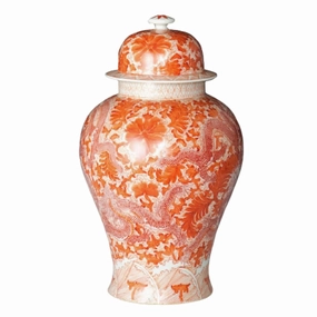 Large Porcelain Orange Temple Jar with Dragon & Floral Motif vase,flower vase,home decoration