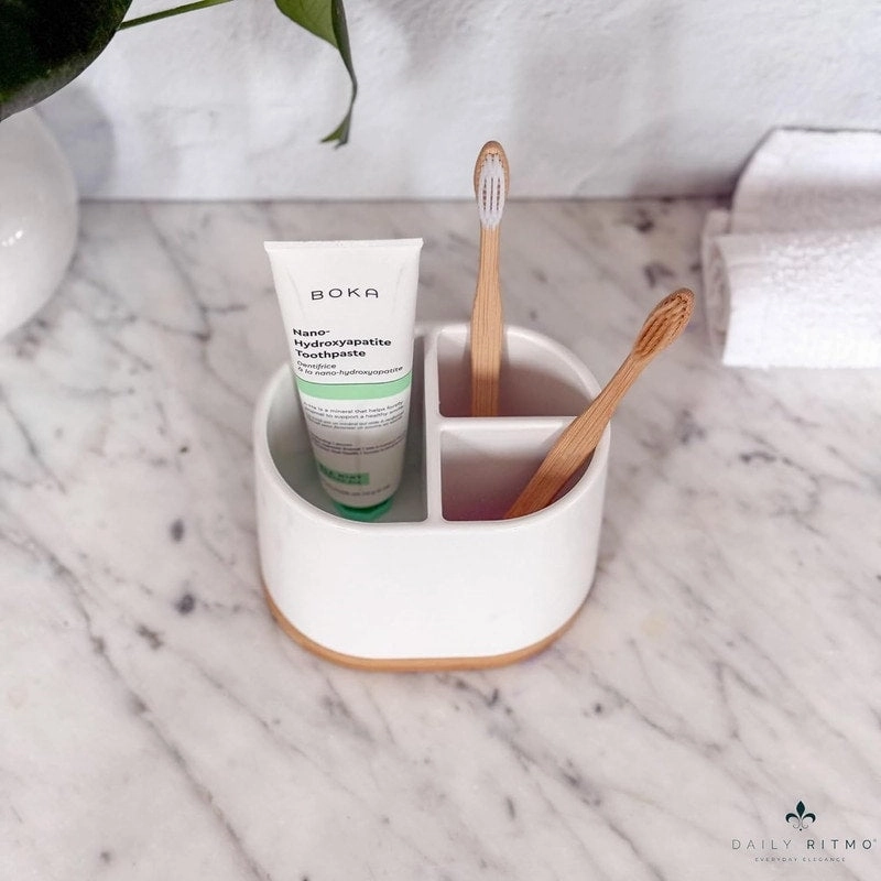 Large Toothbrush Holder for Bathrooms with Bamboo Base - White - 5.63"L x 4.53"W x 4.06"H